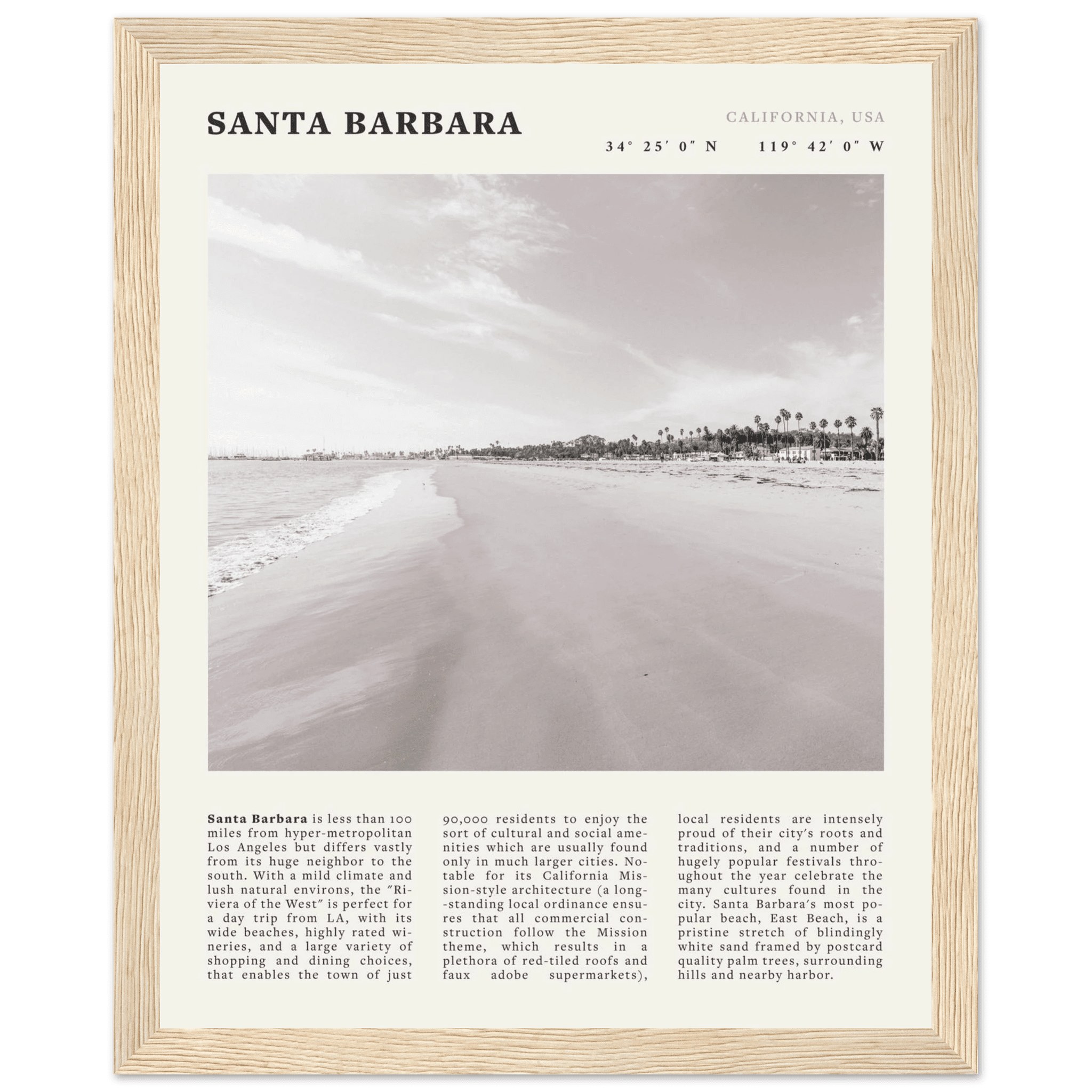 Santa Barbara Poster | Black & White California Beach Wall Art | CA Travel Print - Evergreen Posters