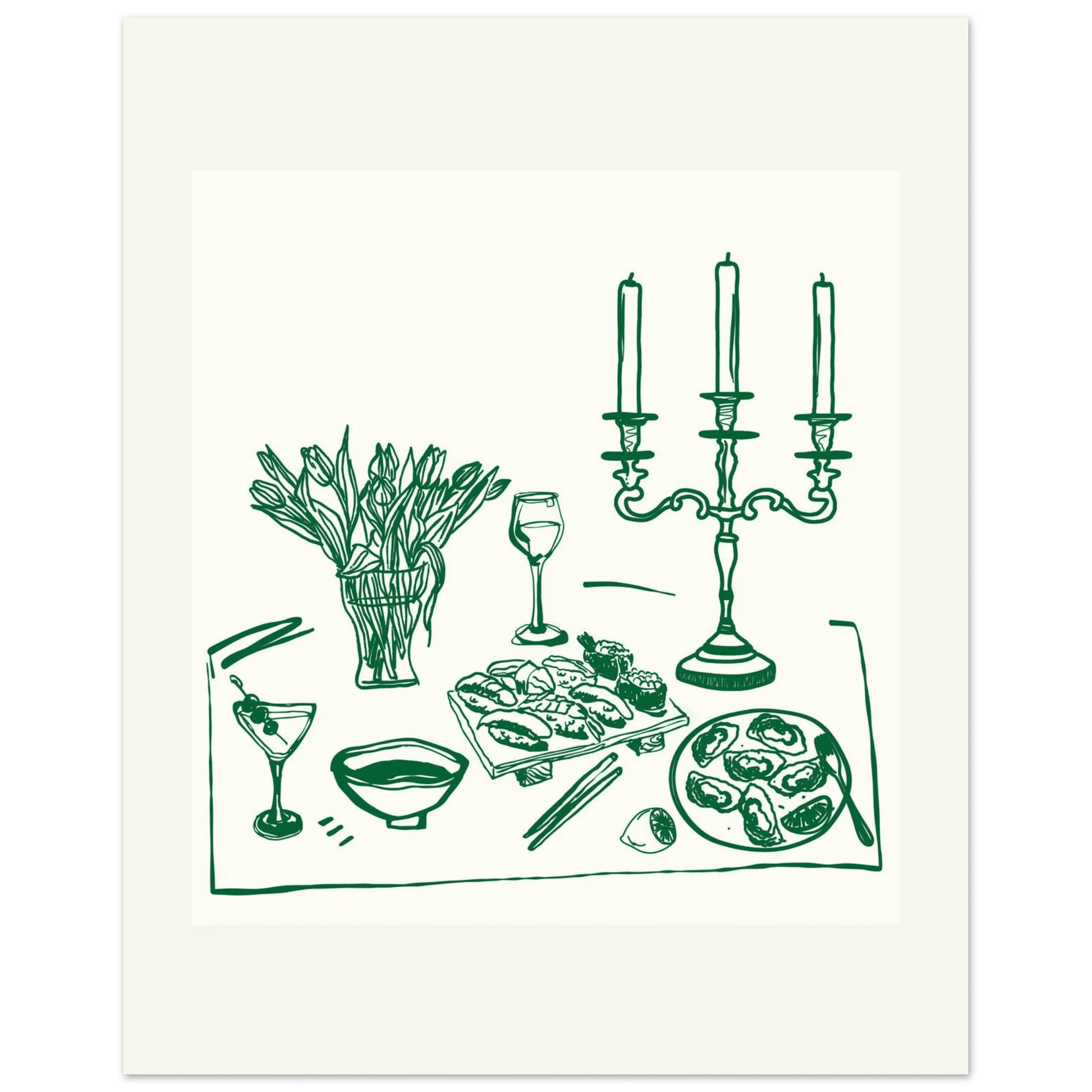 Fine Dining Table Print | Green Line Art Kitchen Wall Art | Elegant Dining Room Poster - Evergreen Posters