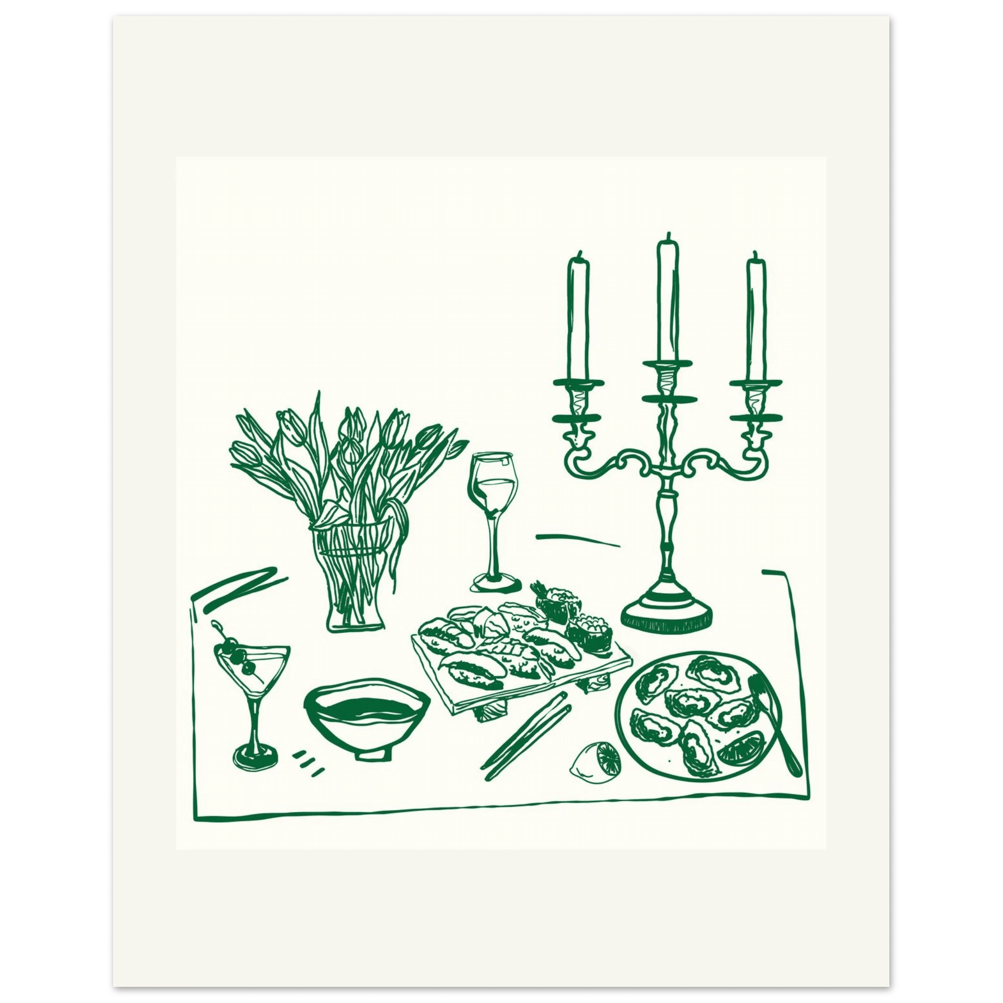 Fine Dining Table Print | Green Line Art Kitchen Wall Art | Elegant Dining Room Poster - Evergreen Posters