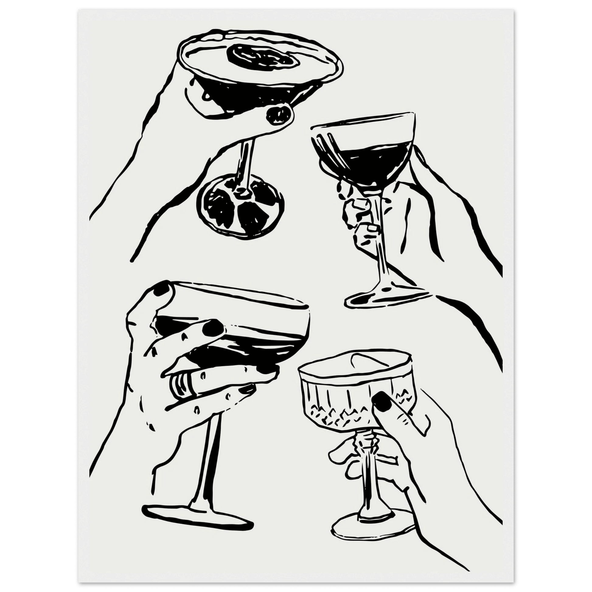 Cheers Print | Black Line Art Cocktail Glasses Wall Art | Kitchen Bar Poster - Evergreen Posters