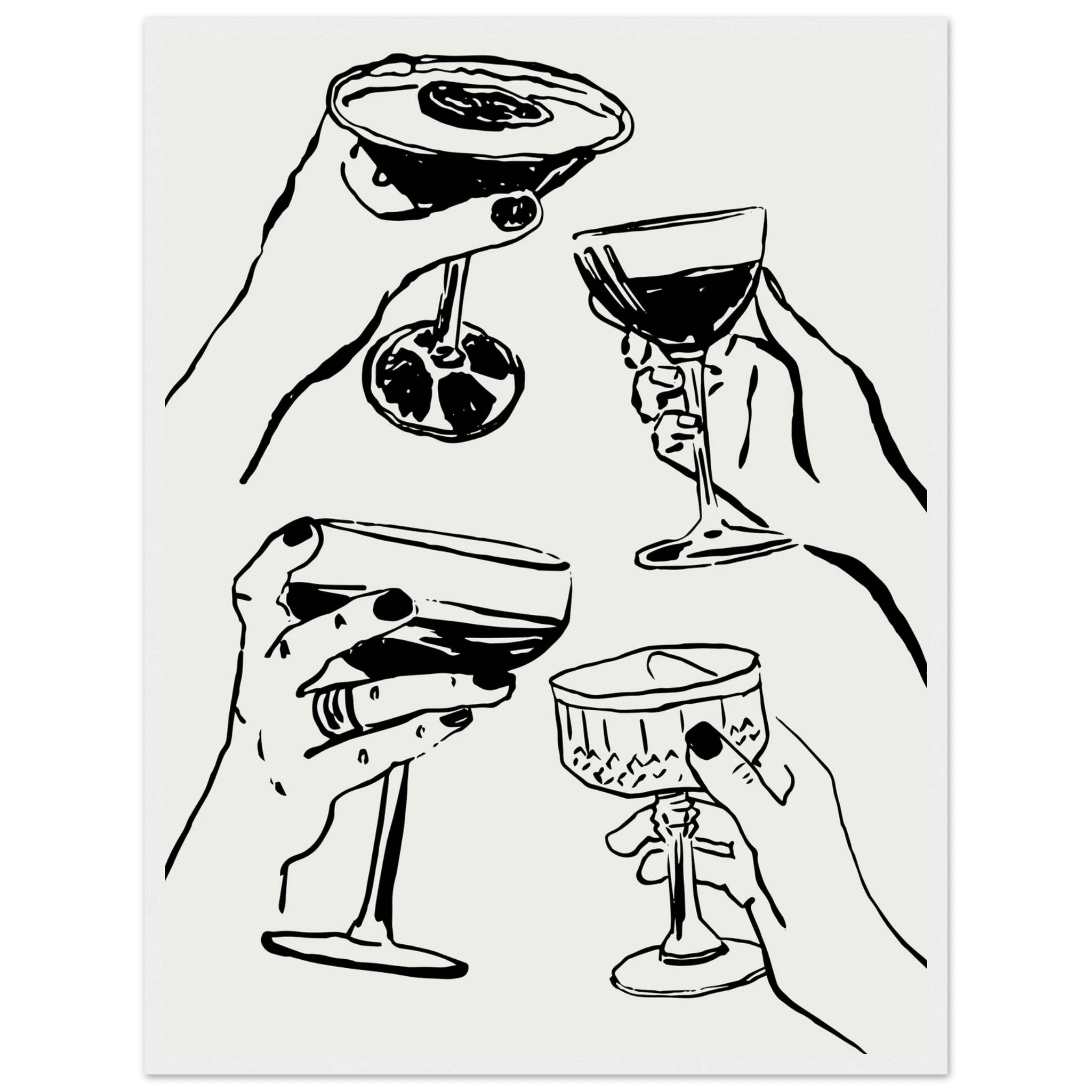 Cheers Print | Black Line Art Cocktail Glasses Wall Art | Kitchen Bar Poster - Evergreen Posters