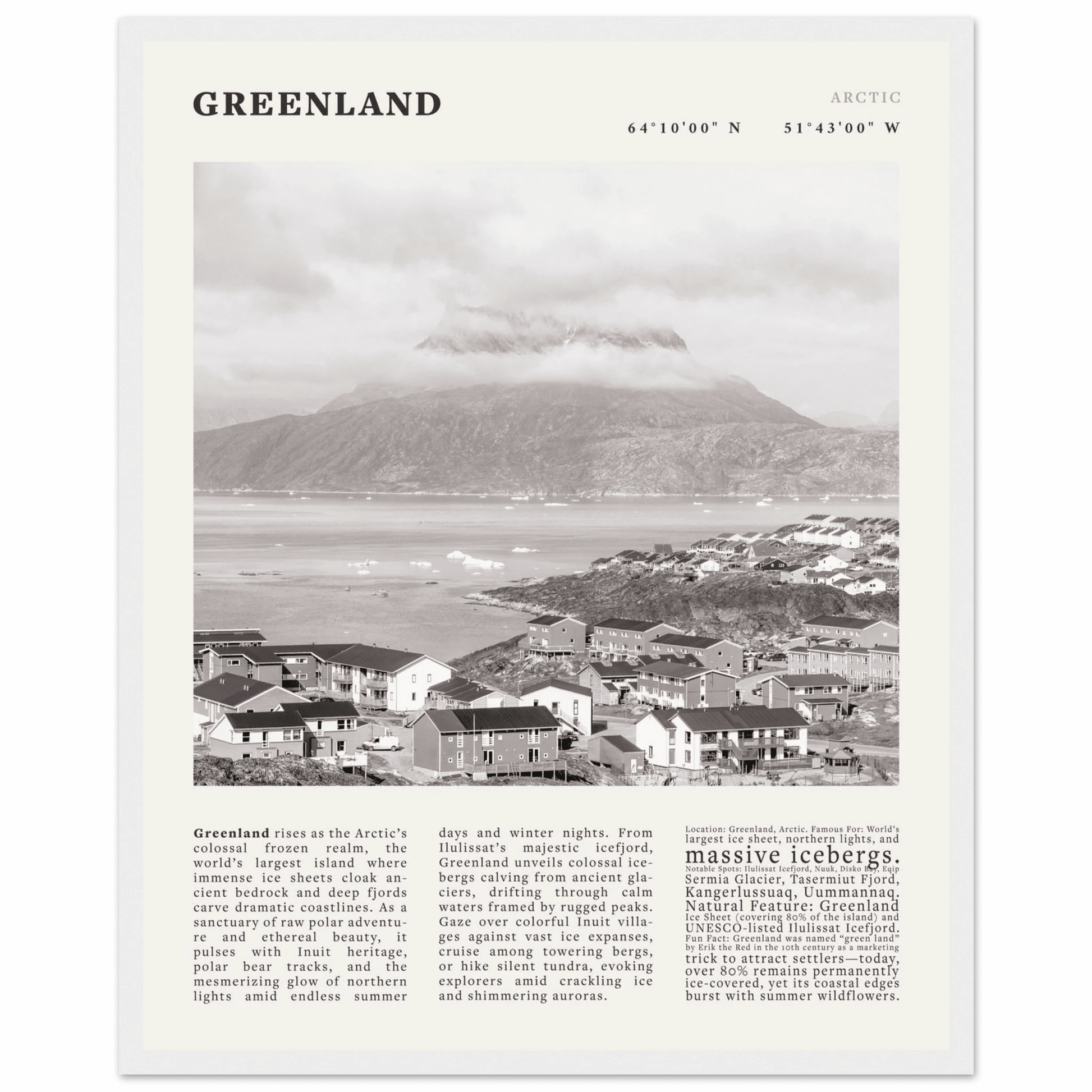 Greenland Poster Black and White – Vintage Arctic Fjord Landscape Print (Digital & Printed Options) - Evergreen Posters