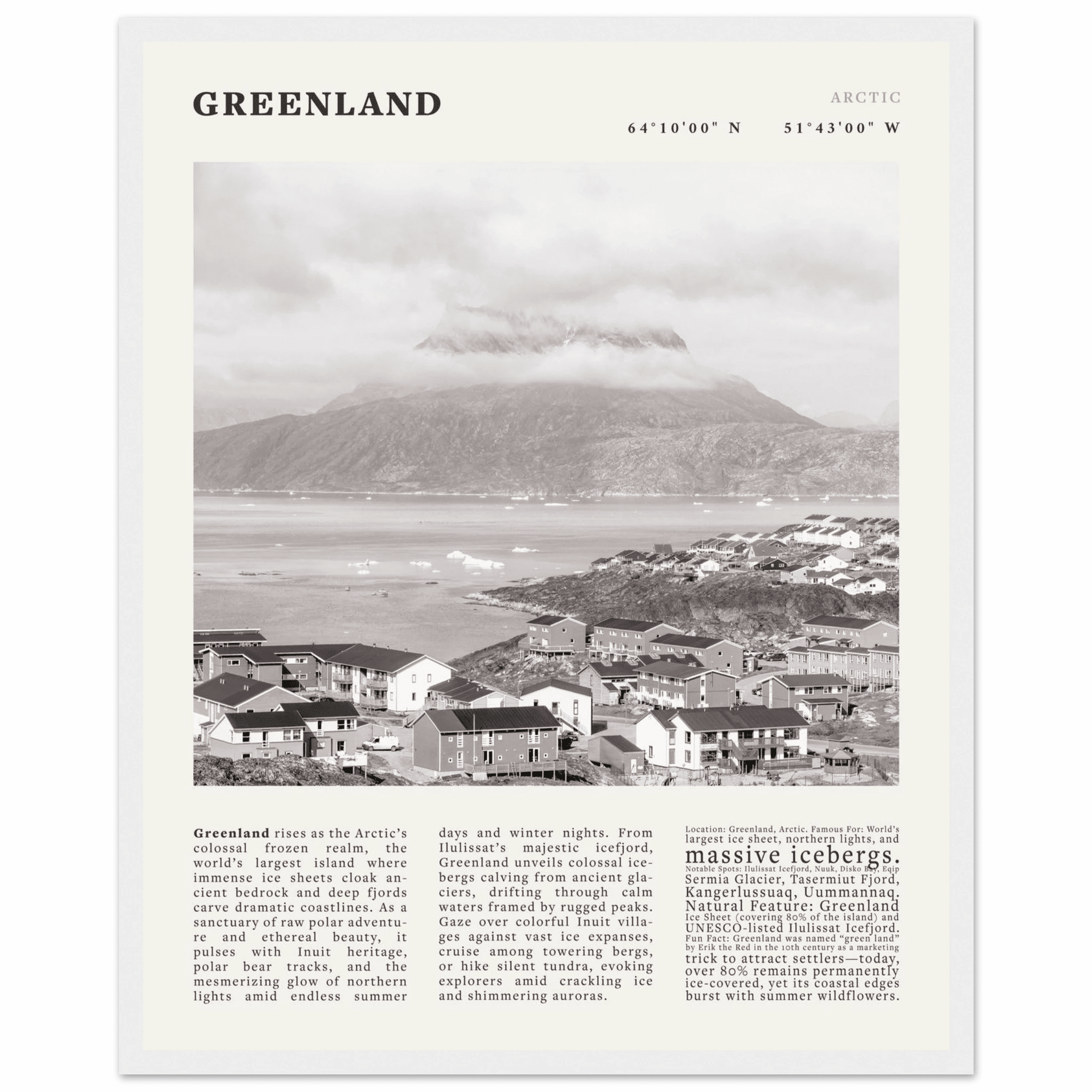 Greenland Poster Black and White – Vintage Arctic Fjord Landscape Print (Digital & Printed Options) - Evergreen Posters