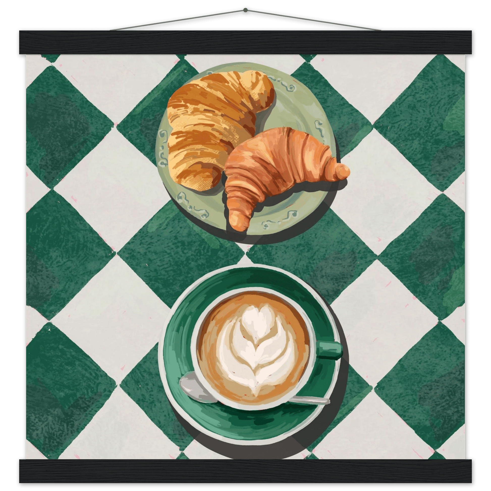 Croissant & Latte Poster | Classic Kitchen Wall Art | Green Tile Square Breakfast Print - Evergreen Posters - 33