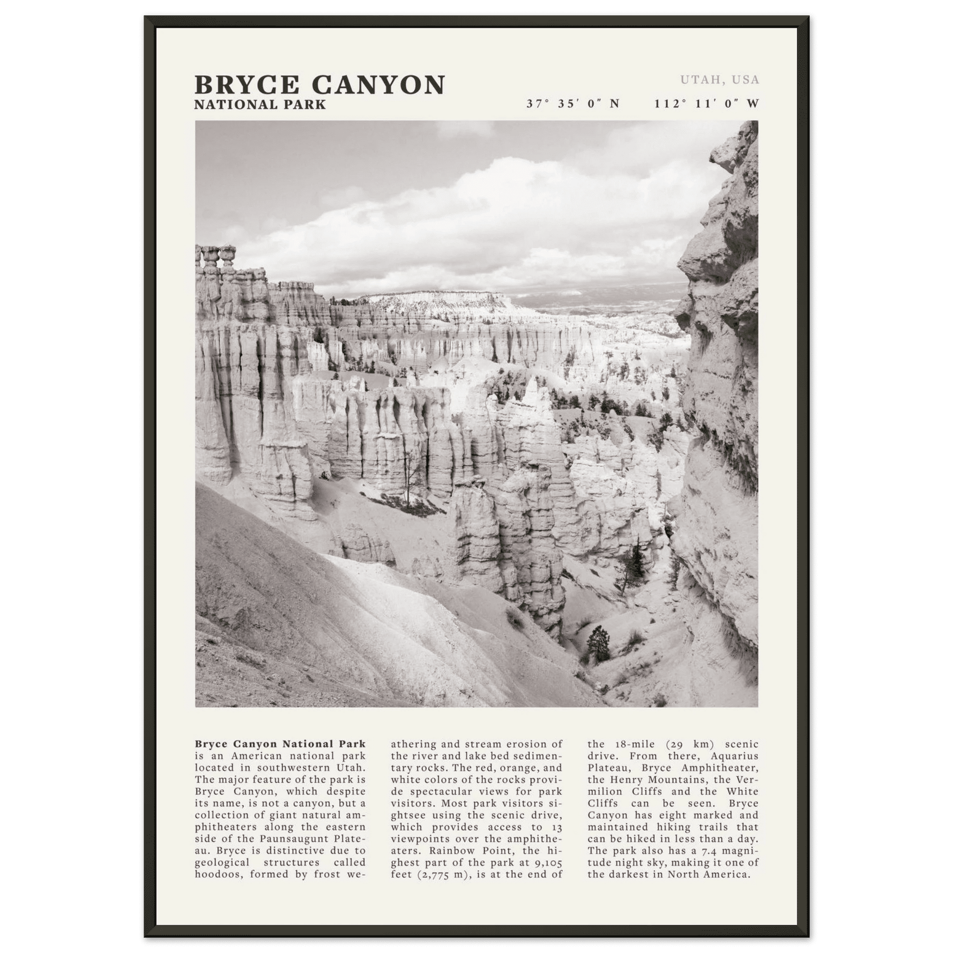 Bryce Canyon National Park Poster | Black & White Utah Hoodoos Wall Art Print - Evergreen Posters - 39