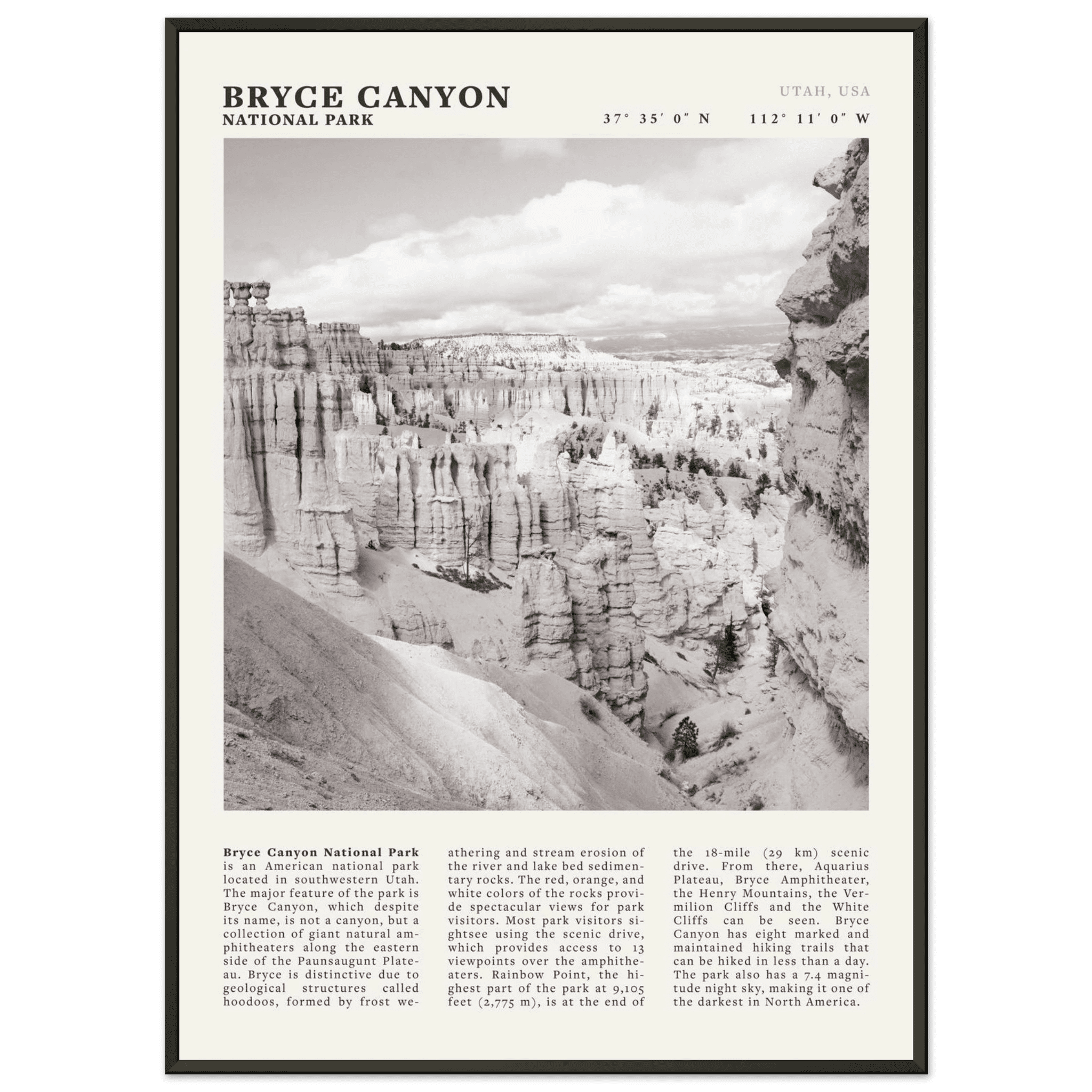 Bryce Canyon National Park Poster | Black & White Utah Hoodoos Wall Art Print - Evergreen Posters - 39