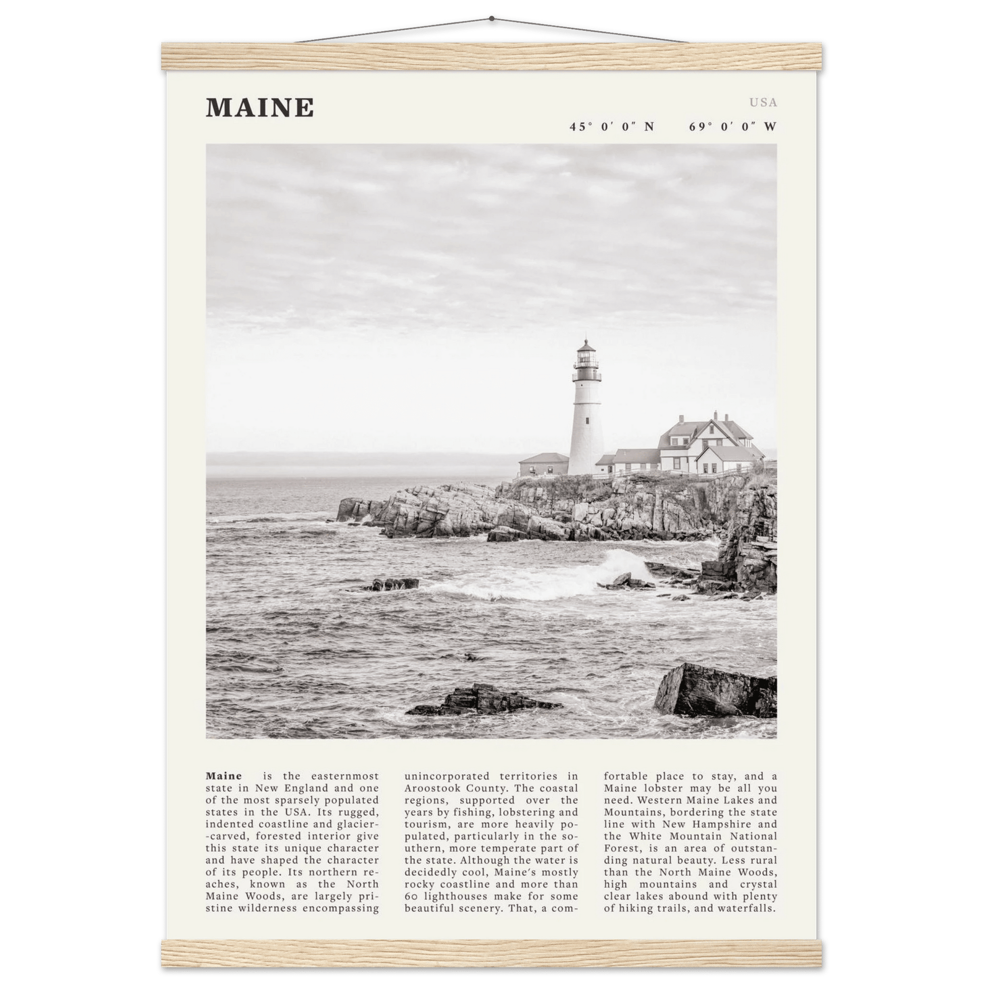Maine Poster | Black & White Lighthouse Wall Art | New England Coastal Travel Print - Evergreen Posters