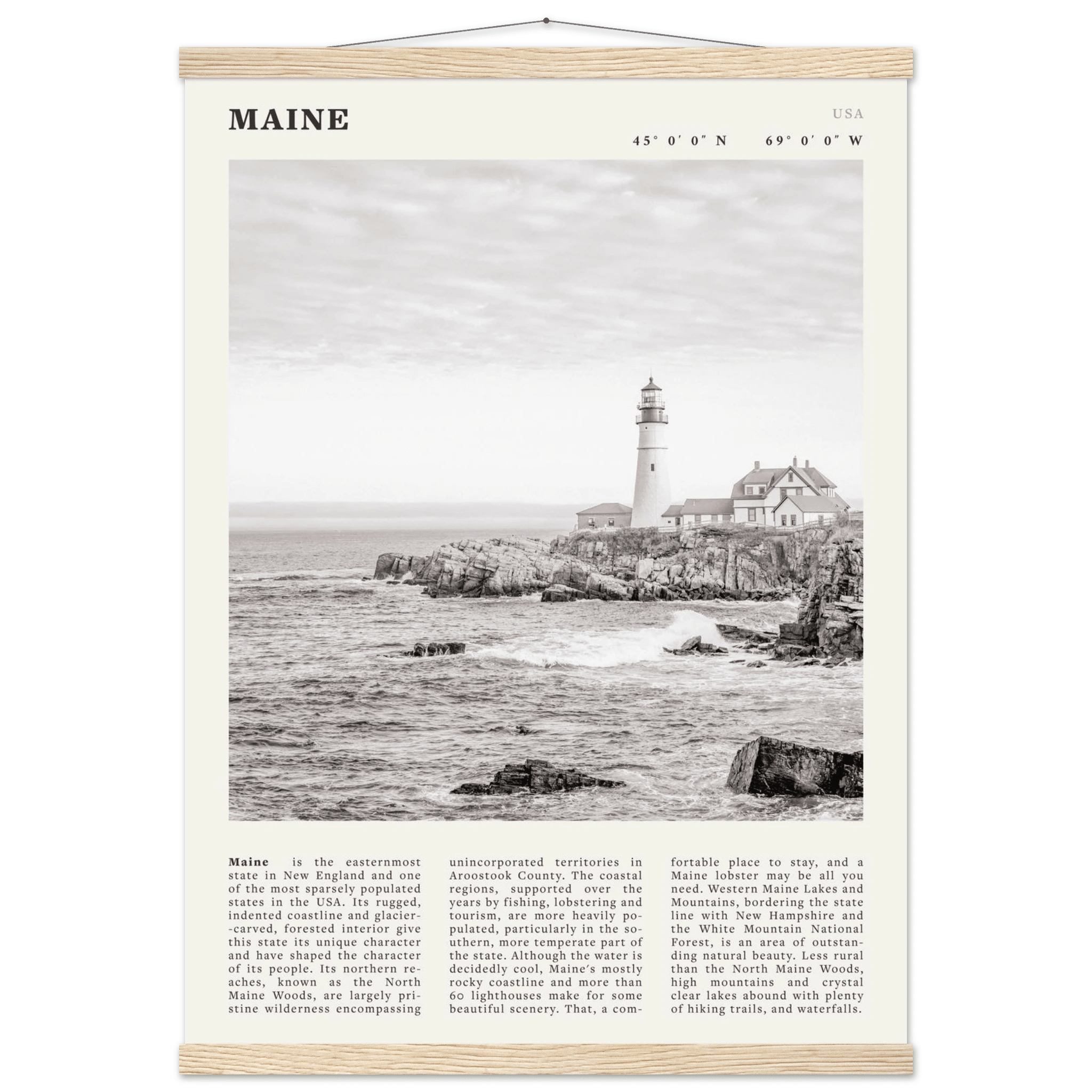 Maine Poster | Black & White Lighthouse Wall Art | New England Coastal Travel Print - Evergreen Posters