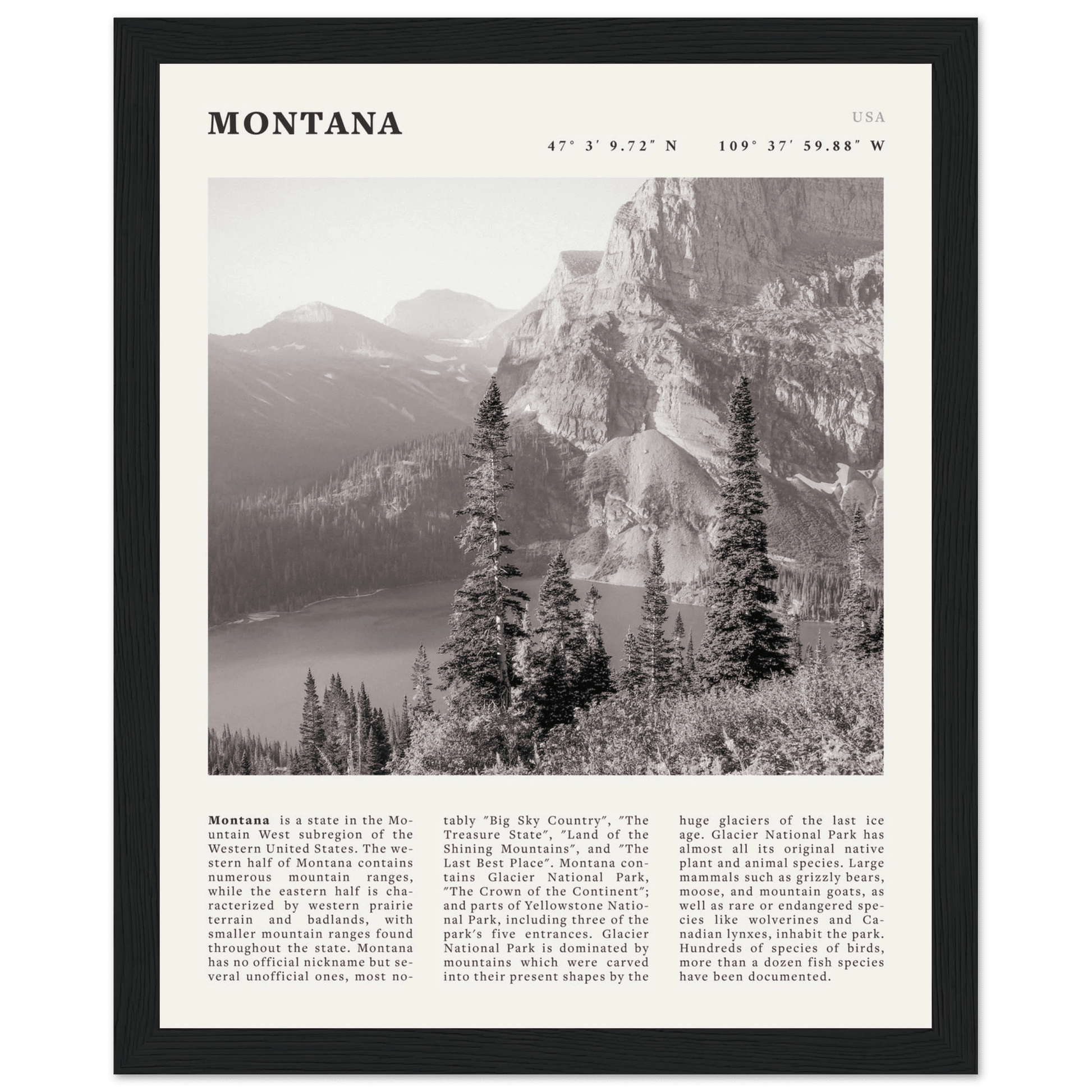 Montana Poster | Black & White Glacier National Park Wall Art | Nature Travel Print - Evergreen Posters