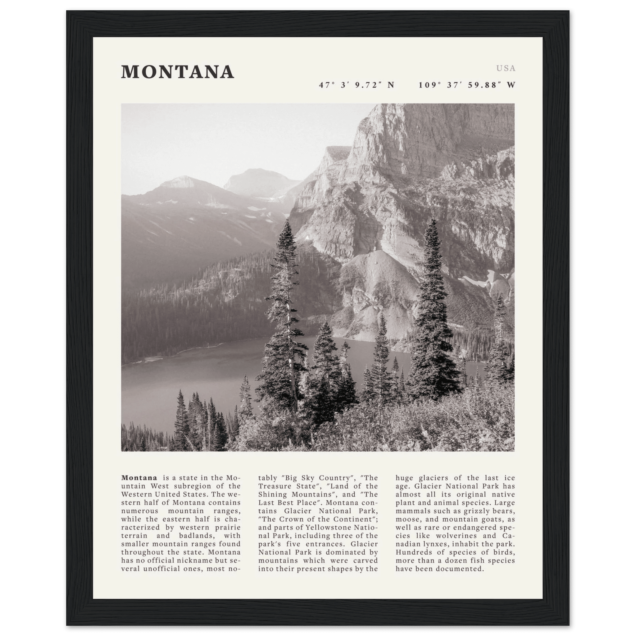 Montana Poster | Black & White Glacier National Park Wall Art | Nature Travel Print - Evergreen Posters