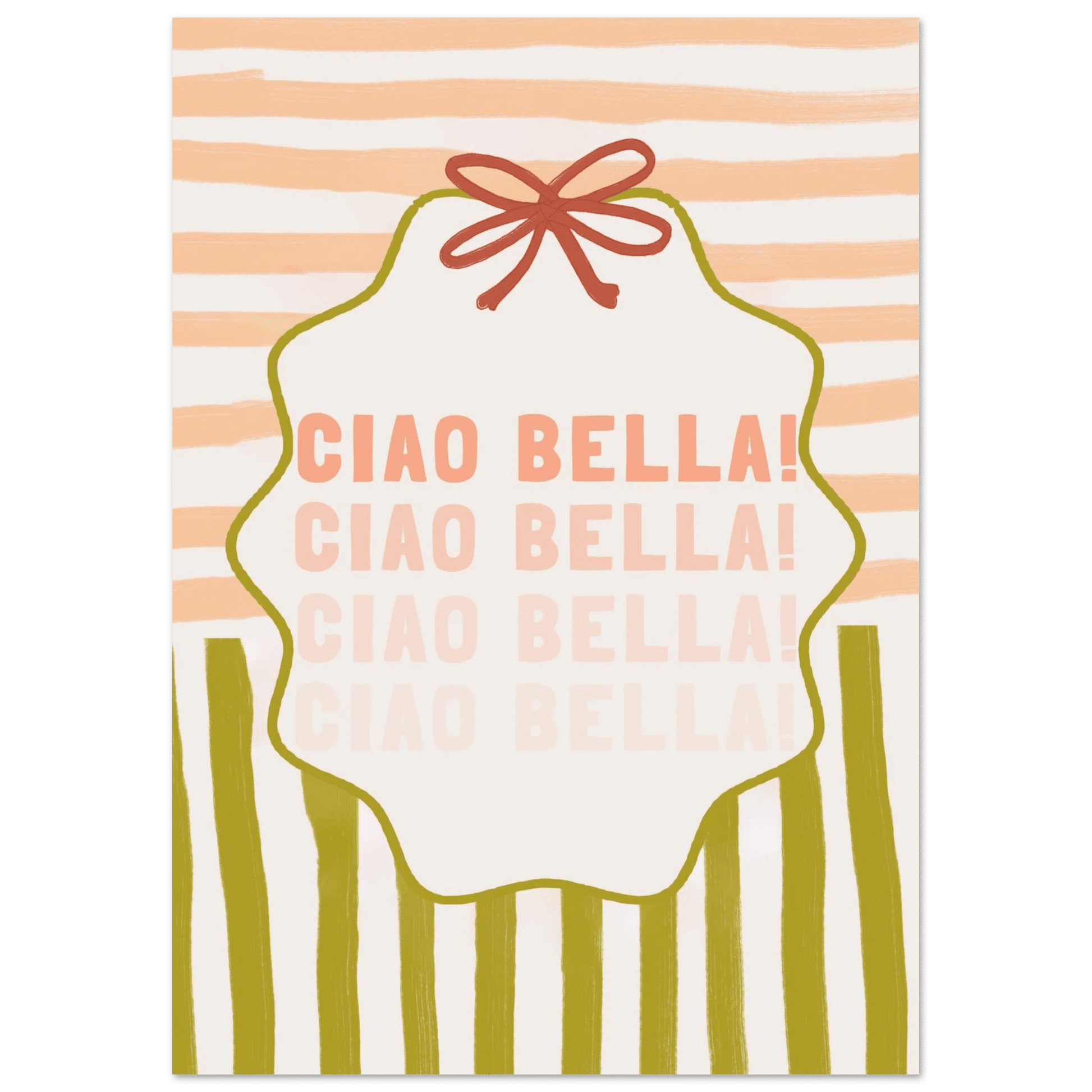 Ciao Bella Poster | Italian Typography Wall Art | Retro Stripe Bow Print | Cute Room Decor - Evergreen Posters
