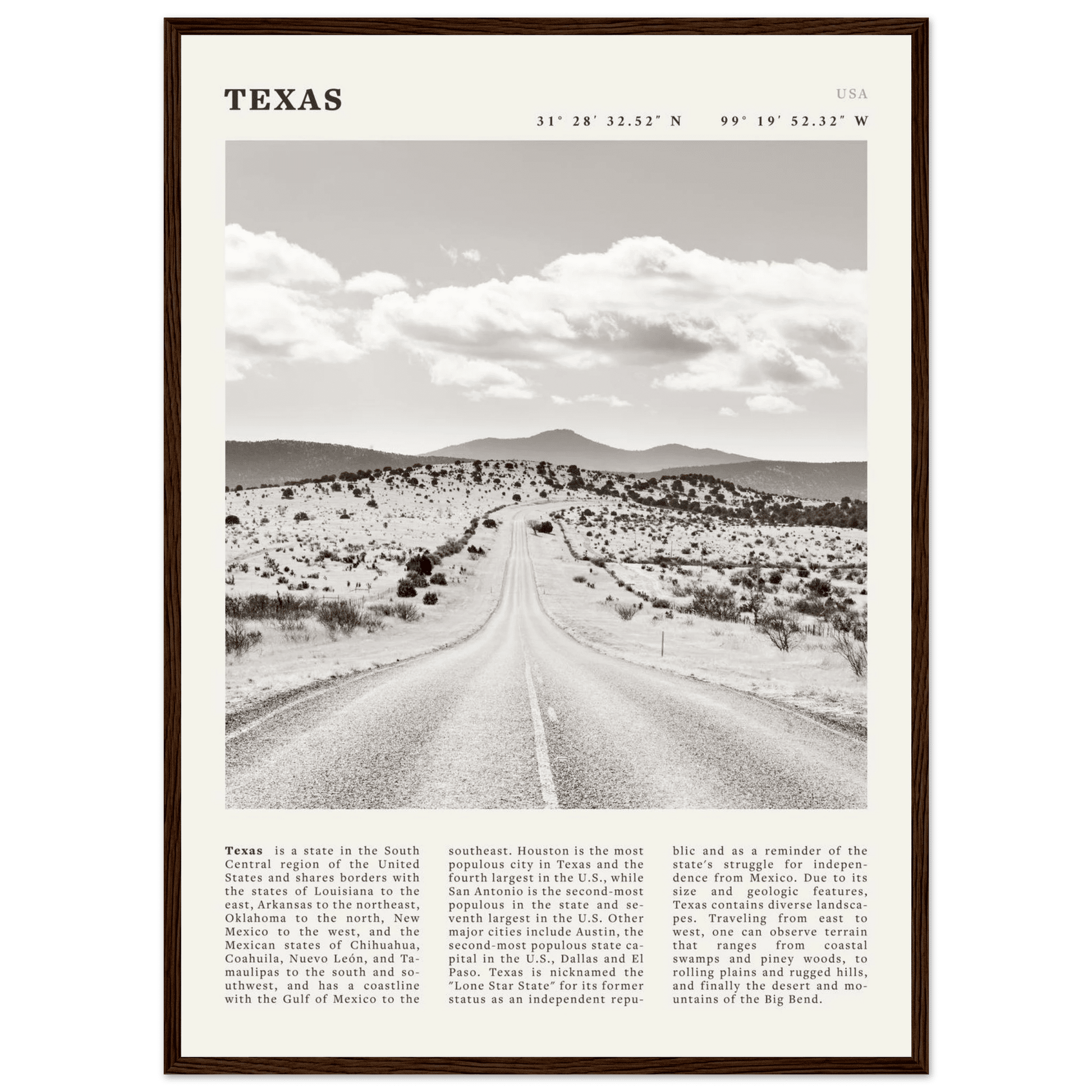 Texas Poster | Black & White Lone Star Road Wall Art | USA Travel Print Decor - Evergreen Posters