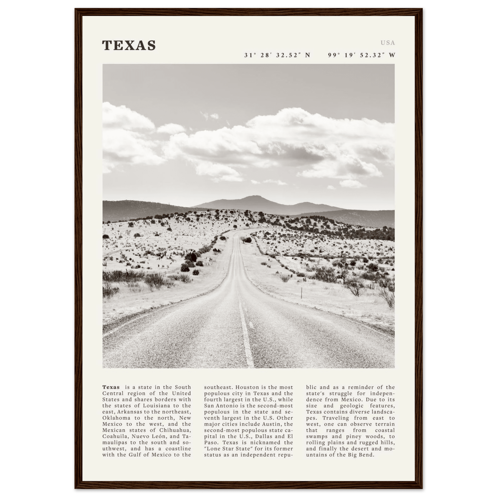 Texas Poster | Black & White Lone Star Road Wall Art | USA Travel Print Decor - Evergreen Posters