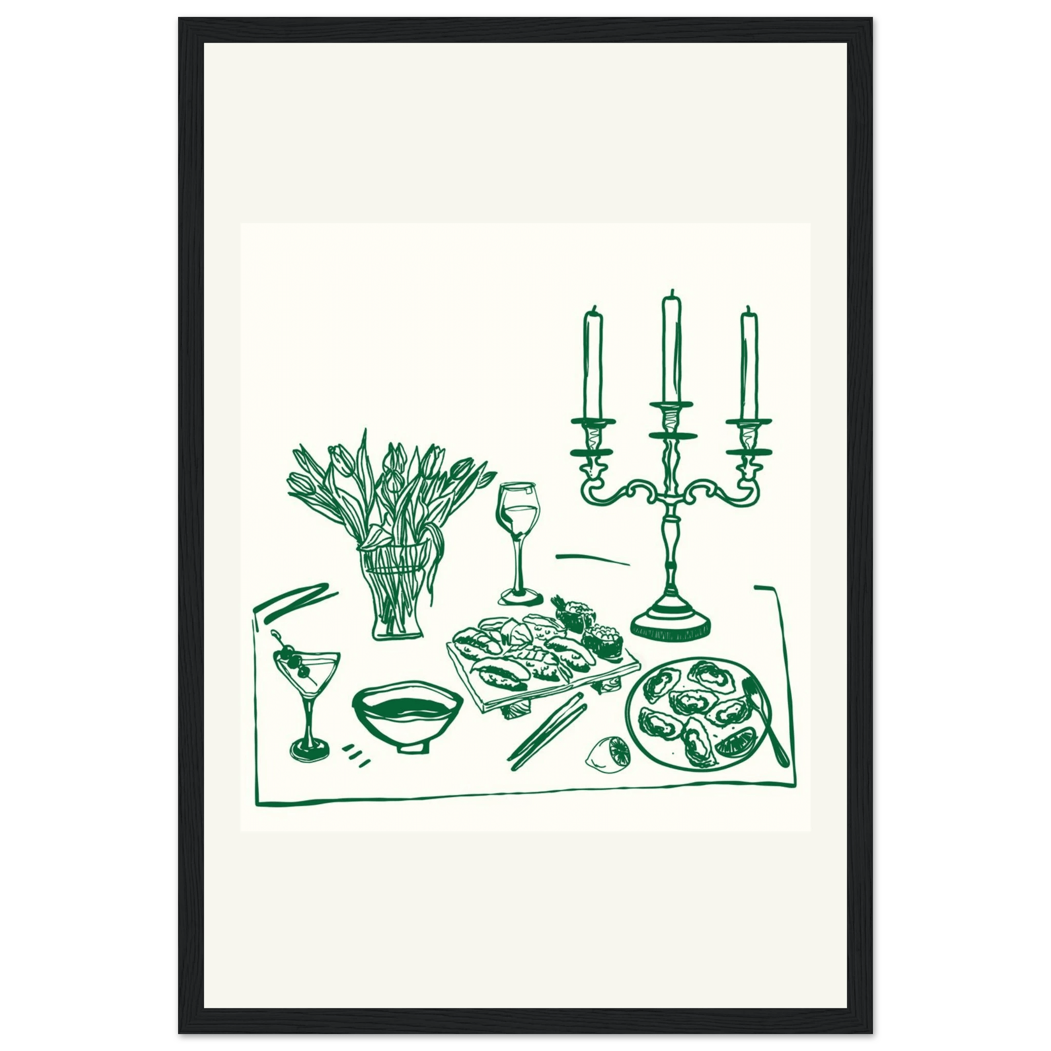 Fine Dining Table Print | Green Line Art Kitchen Wall Art | Elegant Dining Room Poster - Evergreen Posters