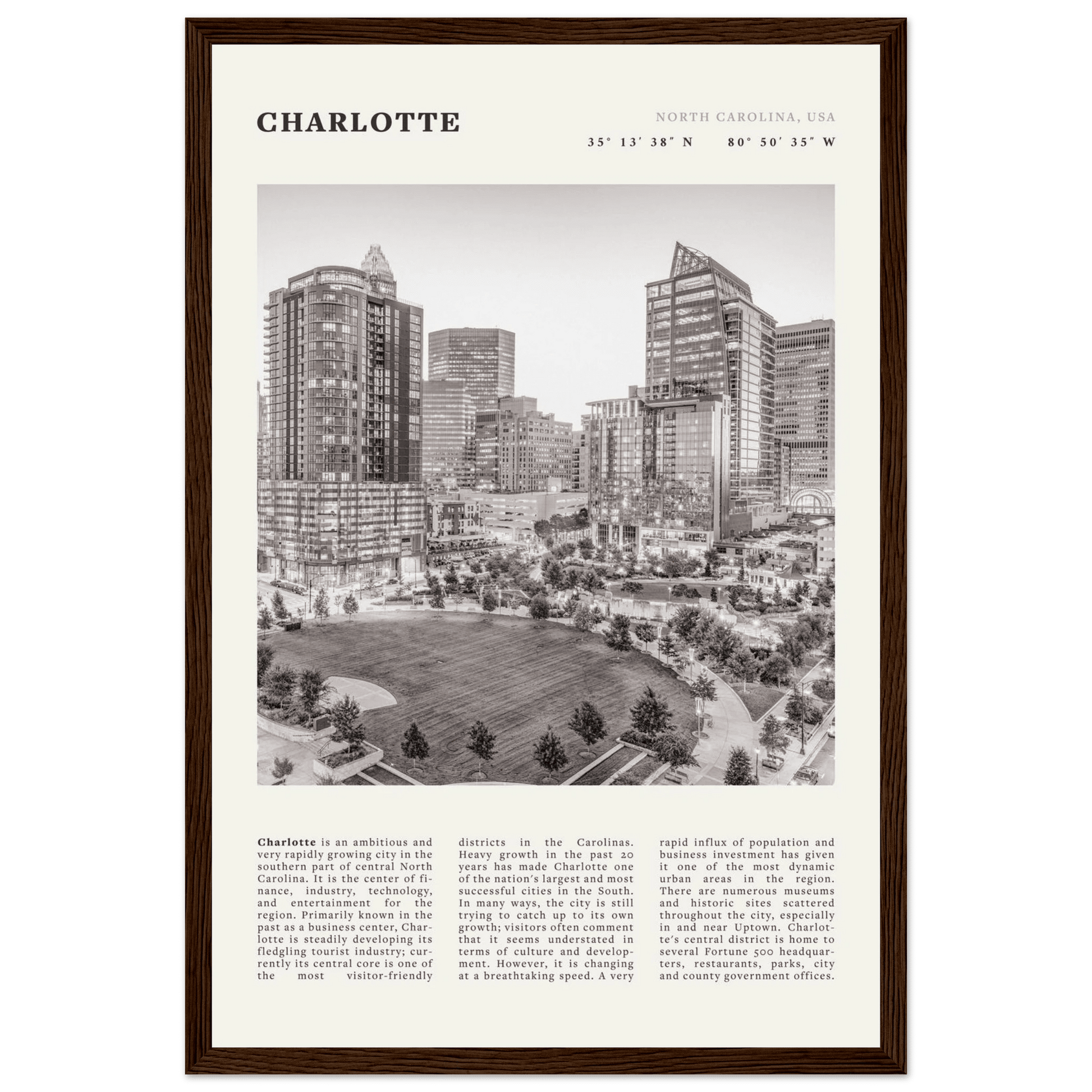 Charlotte Poster | Black & White North Carolina Skyline Wall Art | NC Travel Print - Evergreen Posters