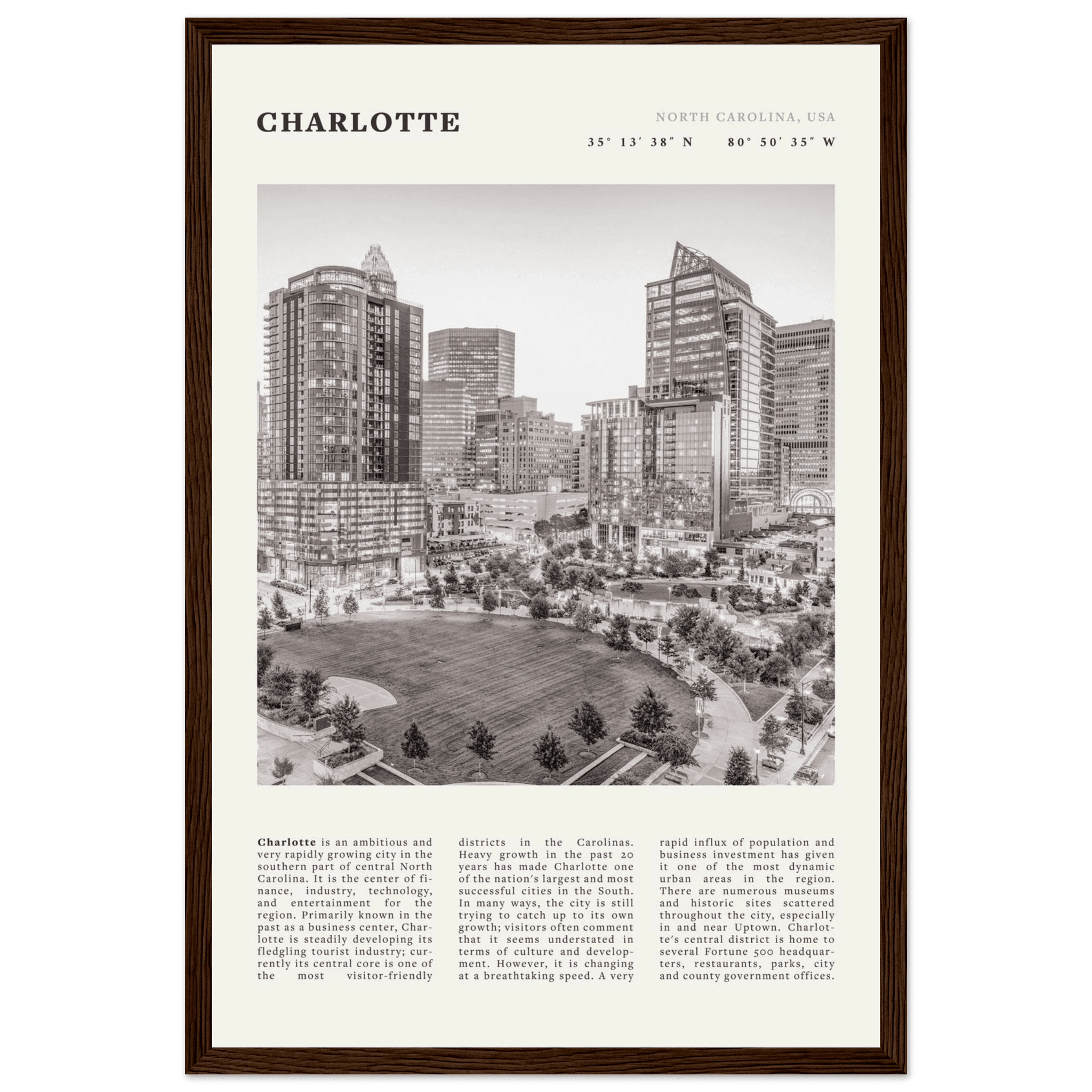 Charlotte Poster | Black & White North Carolina Skyline Wall Art | NC Travel Print - Evergreen Posters