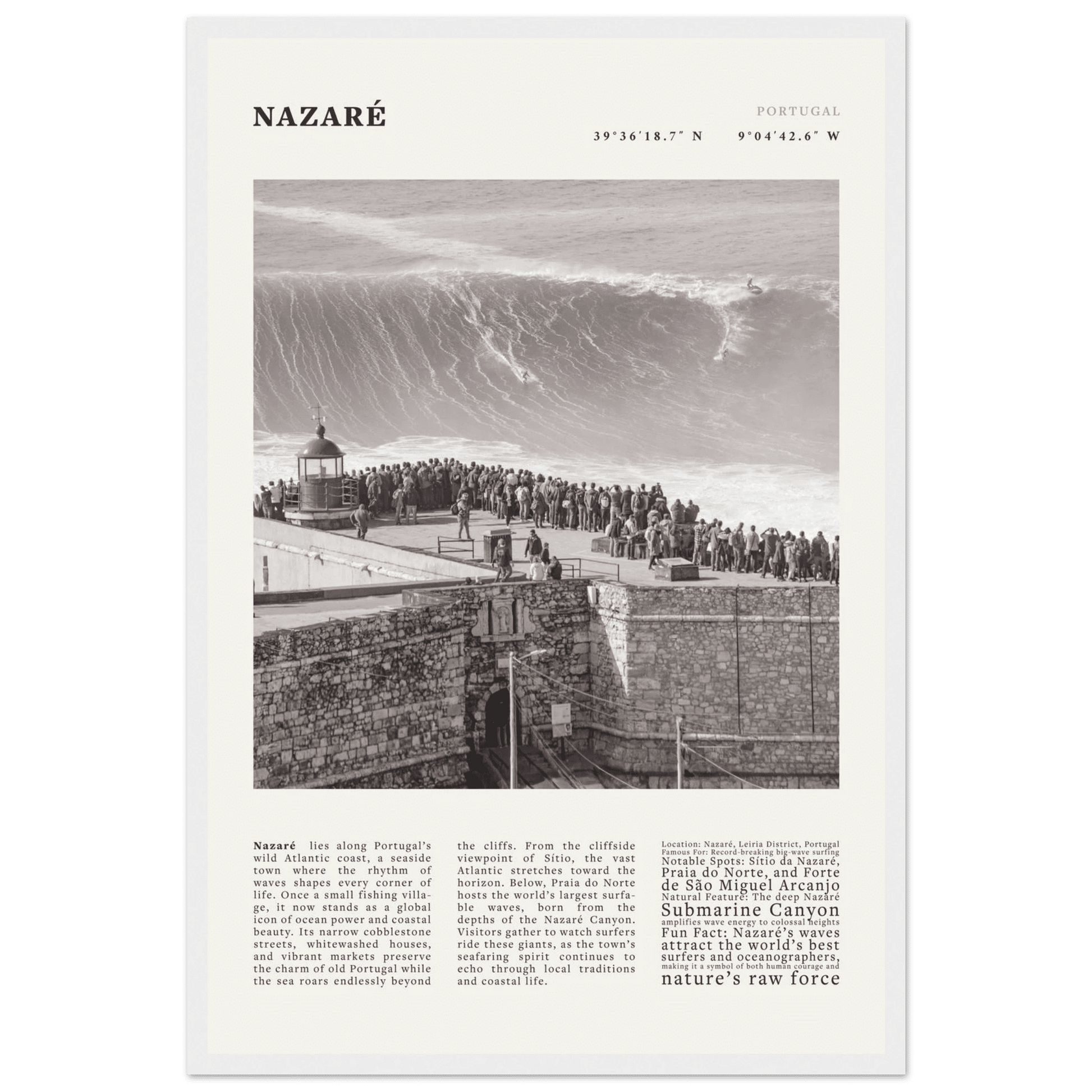 Nazaré Portugal Poster Black and White – Vintage Big Waves Surf Print (Digital & Printed Options) - Evergreen Posters