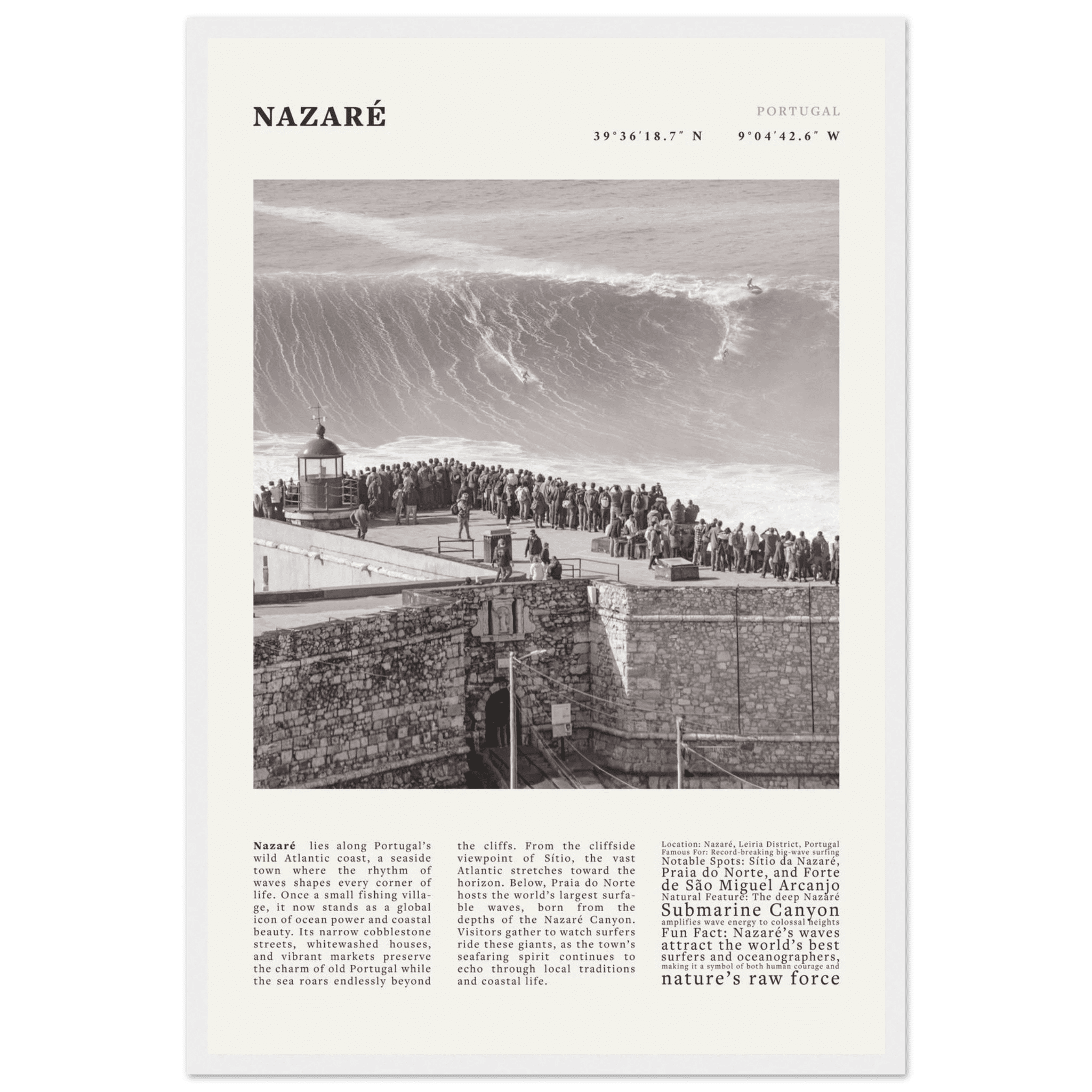 Nazaré Portugal Poster Black and White – Vintage Big Waves Surf Print (Digital & Printed Options) - Evergreen Posters
