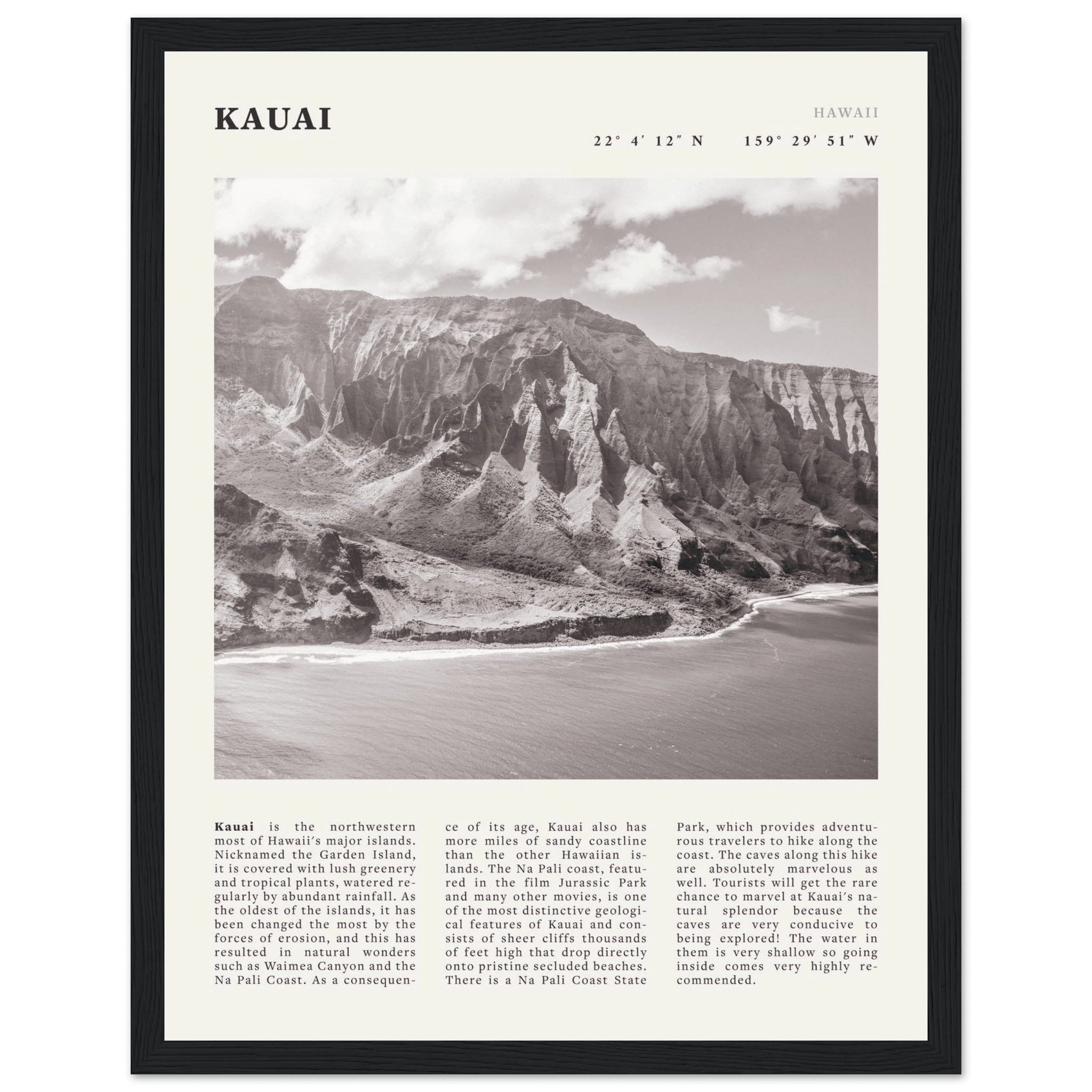 Kauai Poster | Black & White Na Pali Coast Wall Art | Hawaii Travel Print Decor - Evergreen Posters