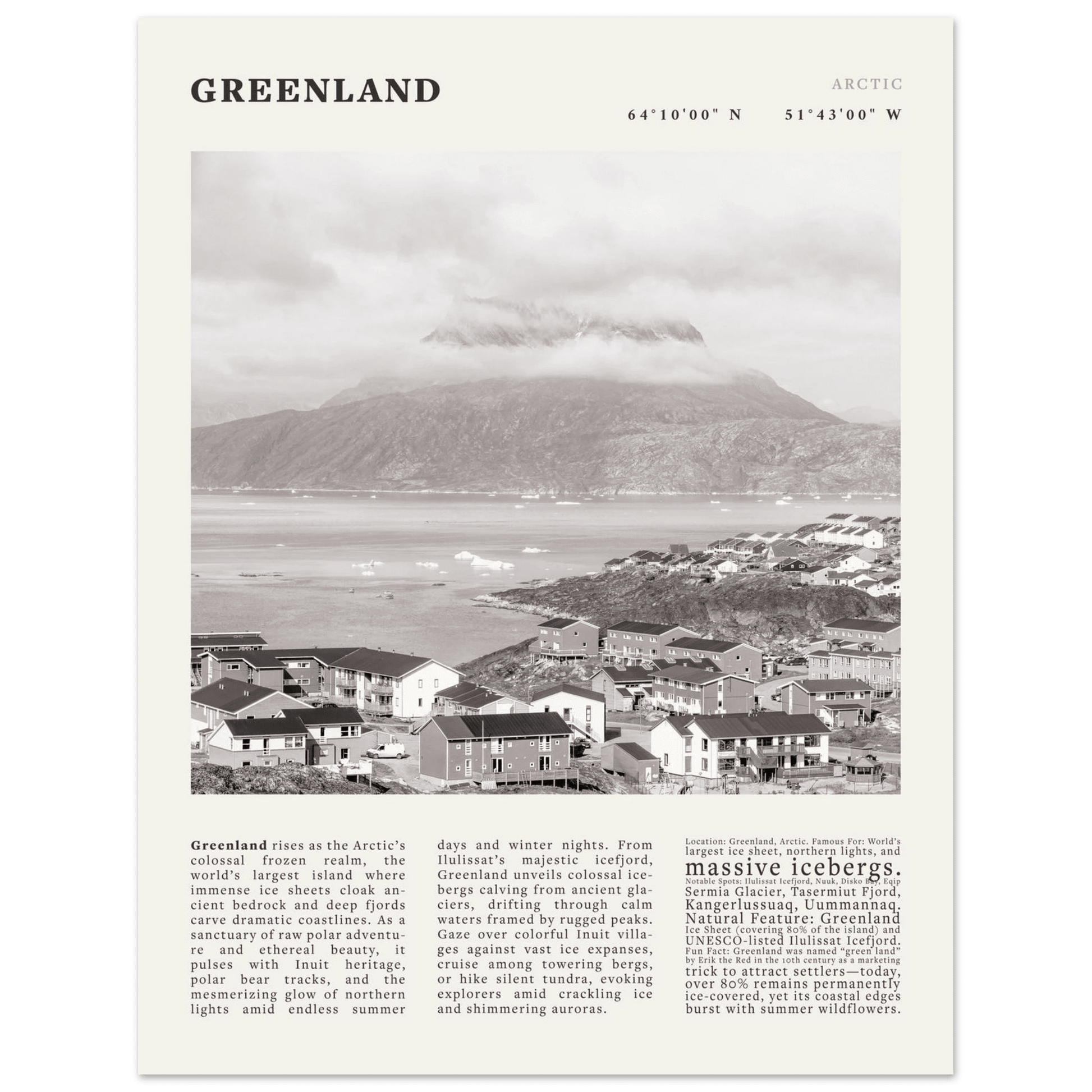 Greenland Poster Black and White – Vintage Arctic Fjord Landscape Print (Digital & Printed Options) - Evergreen Posters