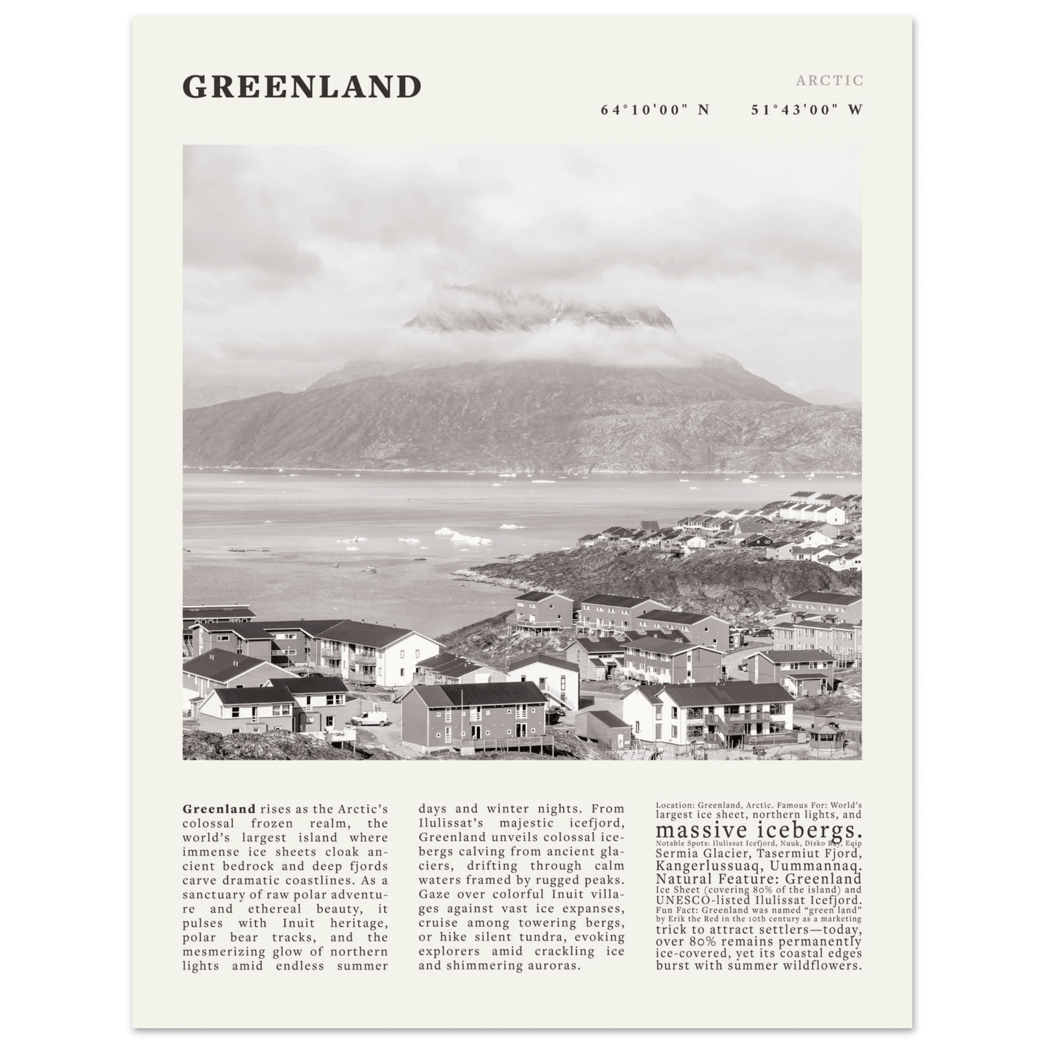 Greenland Poster Black and White – Vintage Arctic Fjord Landscape Print (Digital & Printed Options) - Evergreen Posters