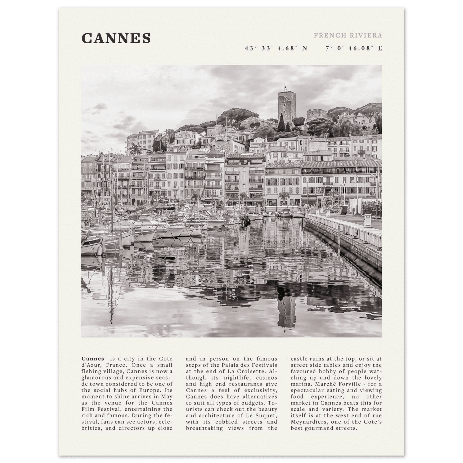 Cannes Poster | Black & White French Riviera Wall Art | France Travel Print - Evergreen Posters