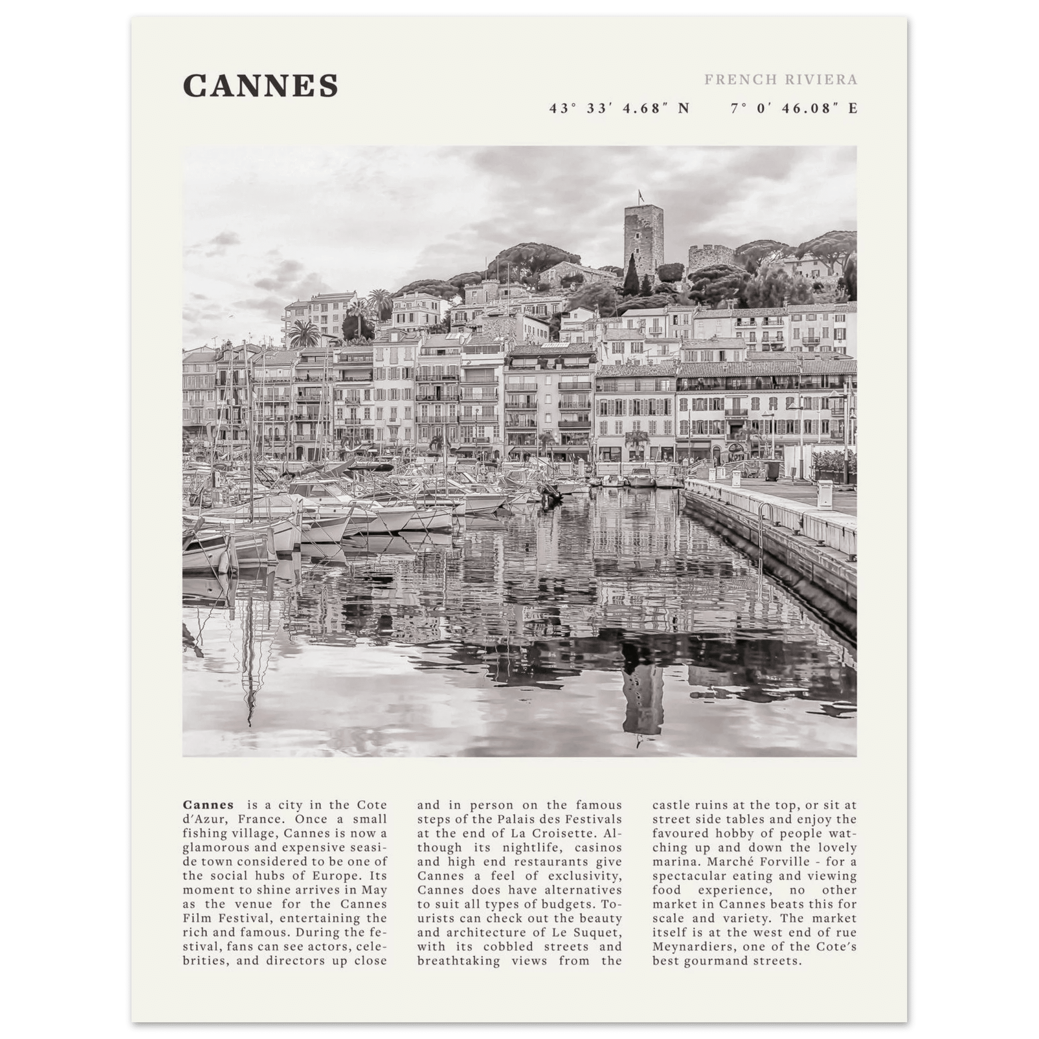 Cannes Poster | Black & White French Riviera Wall Art | France Travel Print - Evergreen Posters