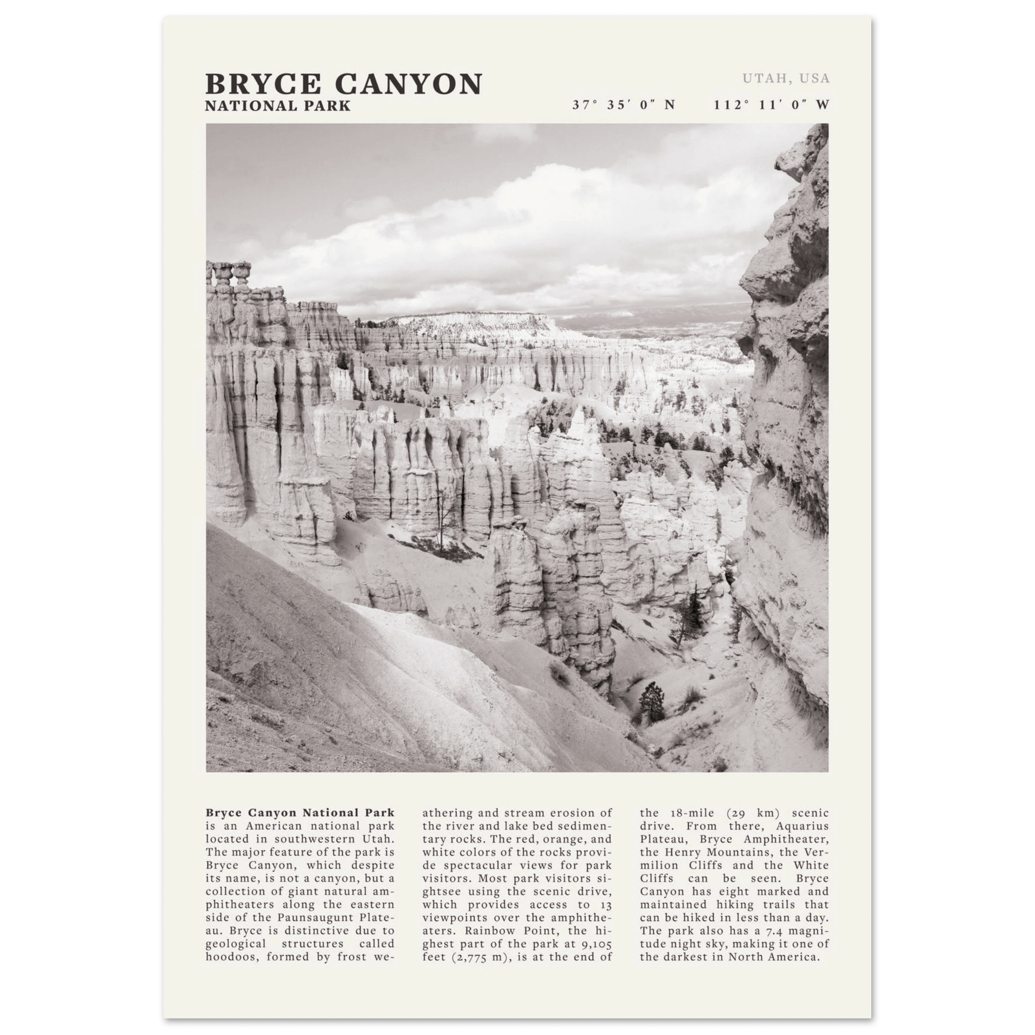 Bryce Canyon National Park Poster | Black & White Utah Hoodoos Wall Art Print - Evergreen Posters - 8