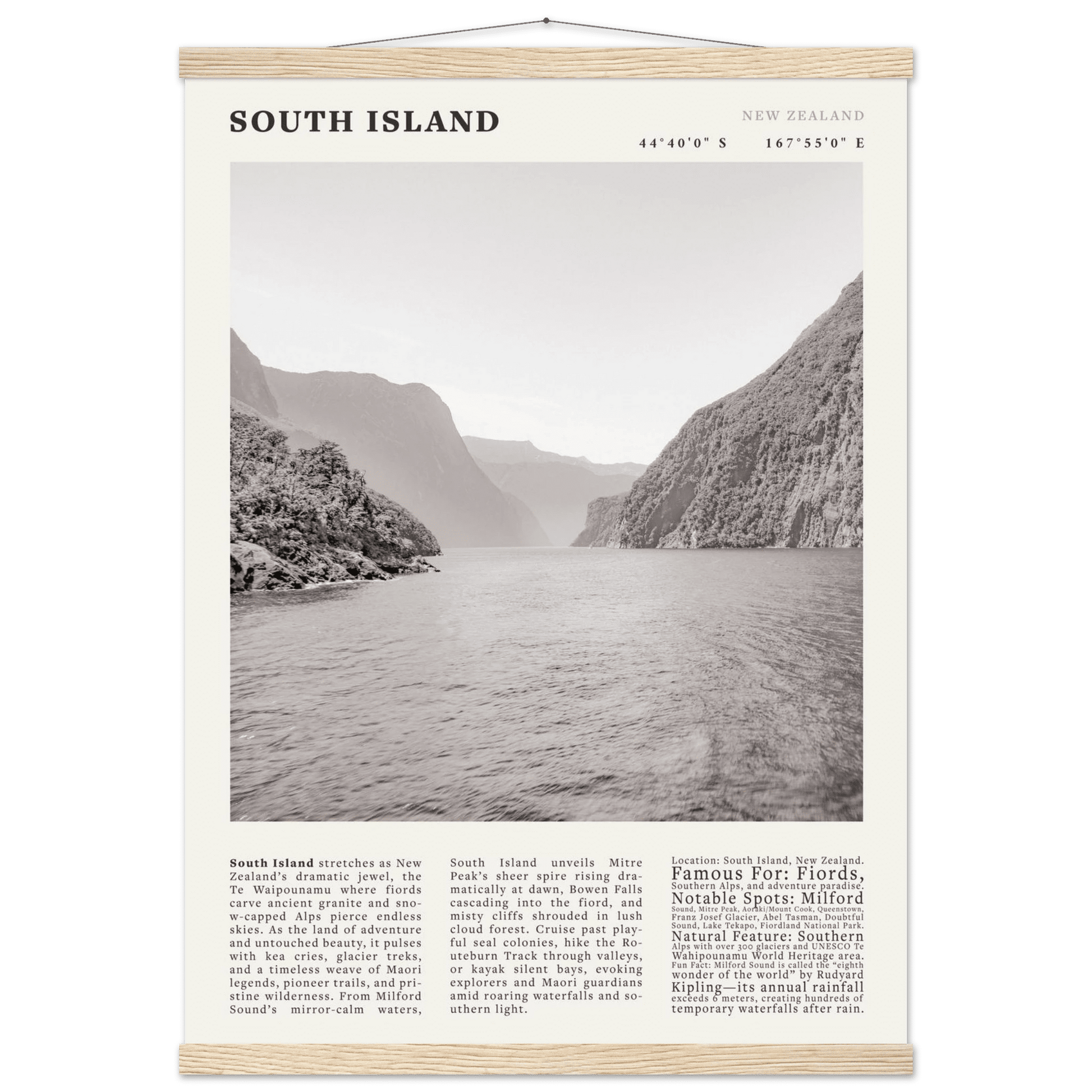 South Island New Zealand Poster Black and White – Vintage Milford Sound Fjord Print - Evergreen Posters