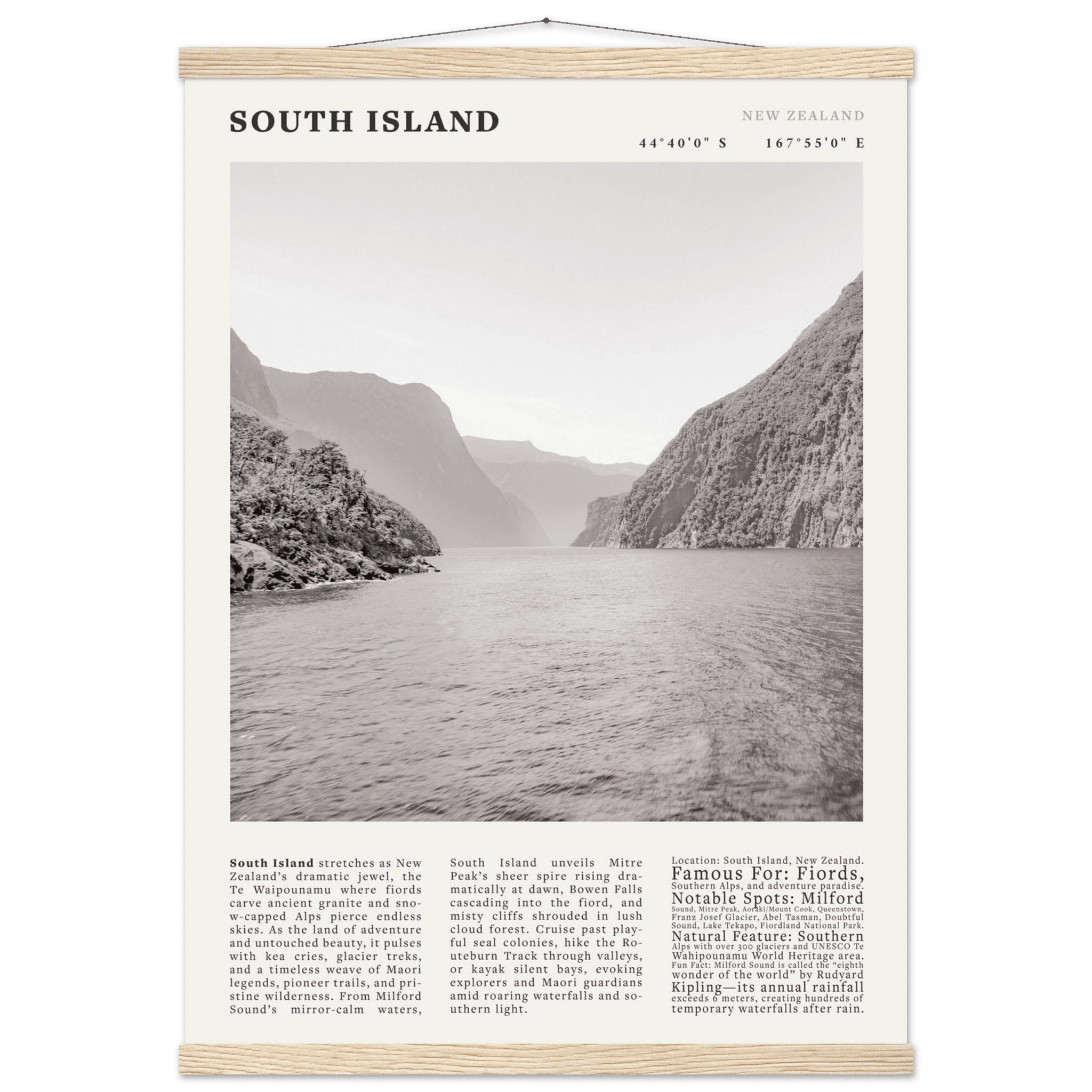 South Island New Zealand Poster Black and White – Vintage Milford Sound Fjord Print - Evergreen Posters
