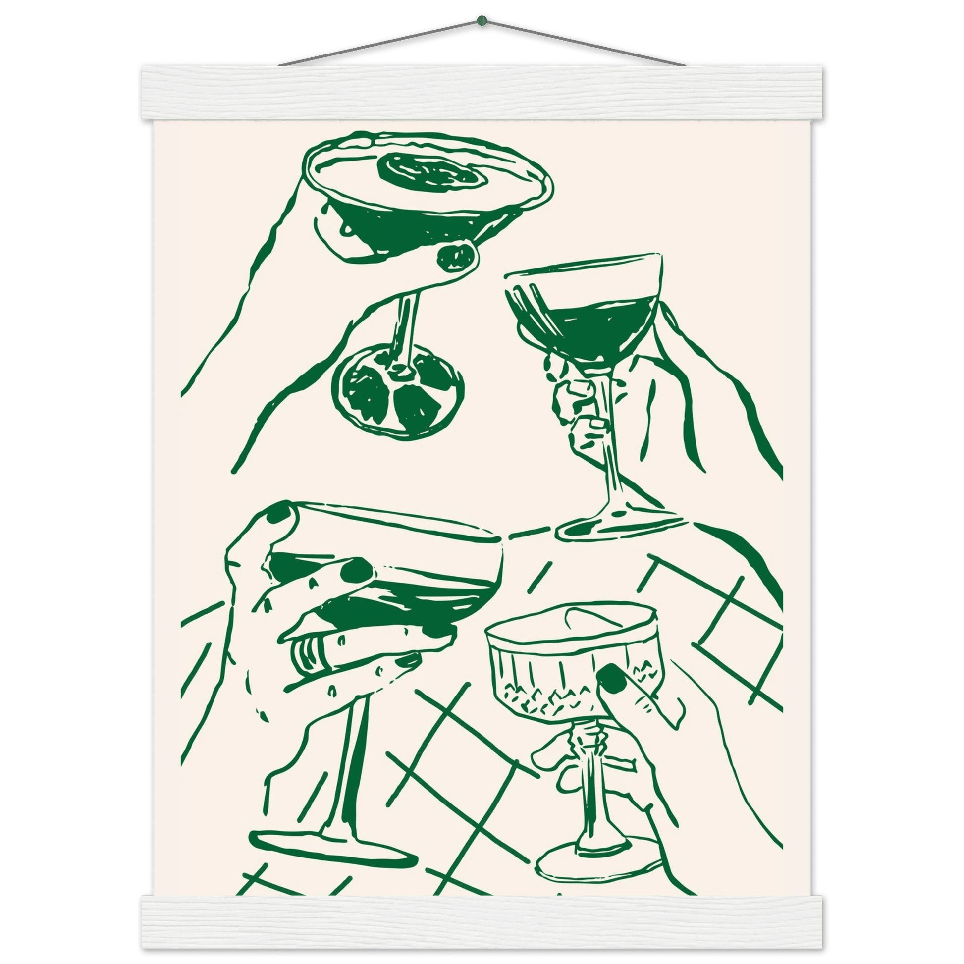 Cheers Print | Forest Green Cocktail Glasses Wall Art | Kitchen Bar Poster - Evergreen Posters