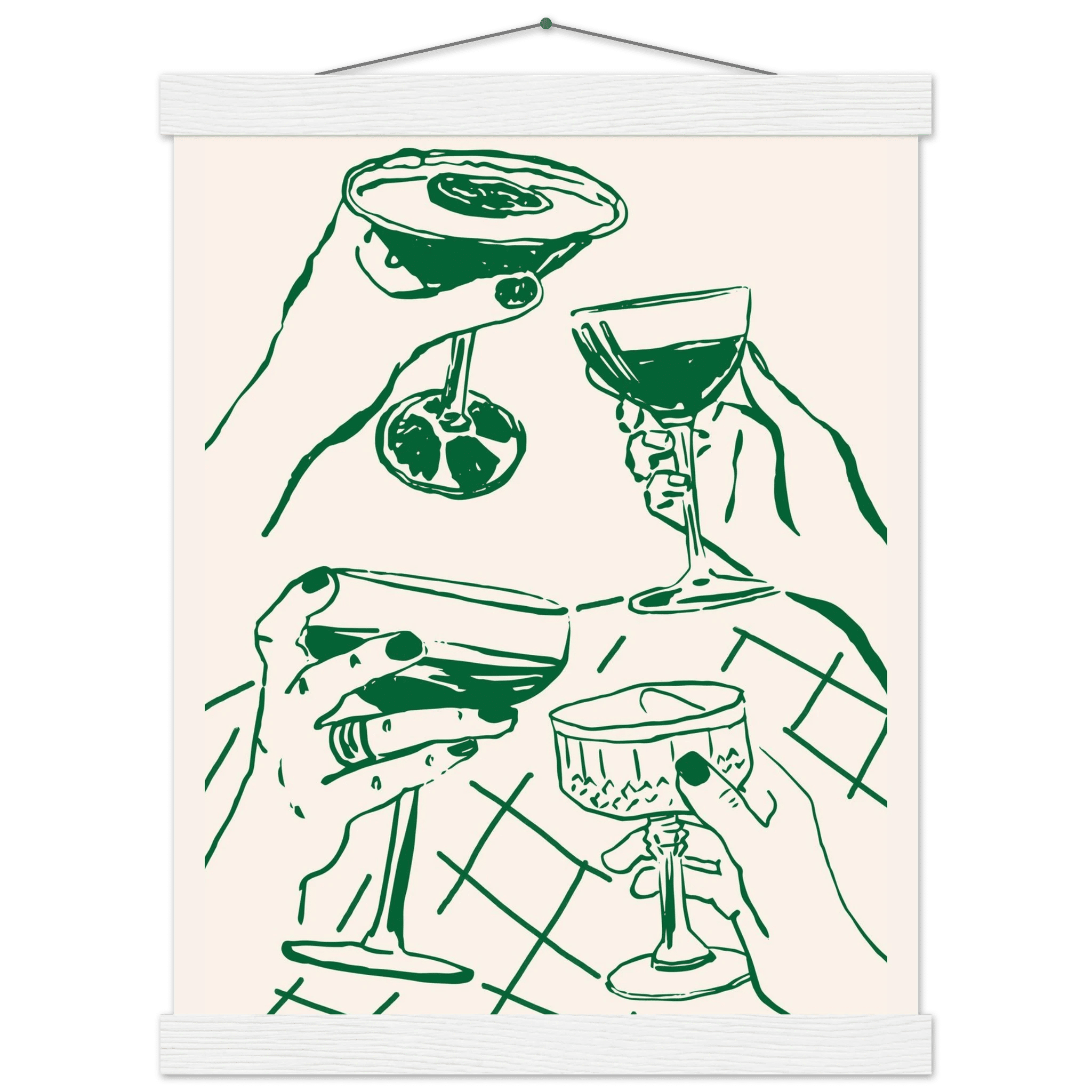 Cheers Print | Forest Green Cocktail Glasses Wall Art | Kitchen Bar Poster - Evergreen Posters