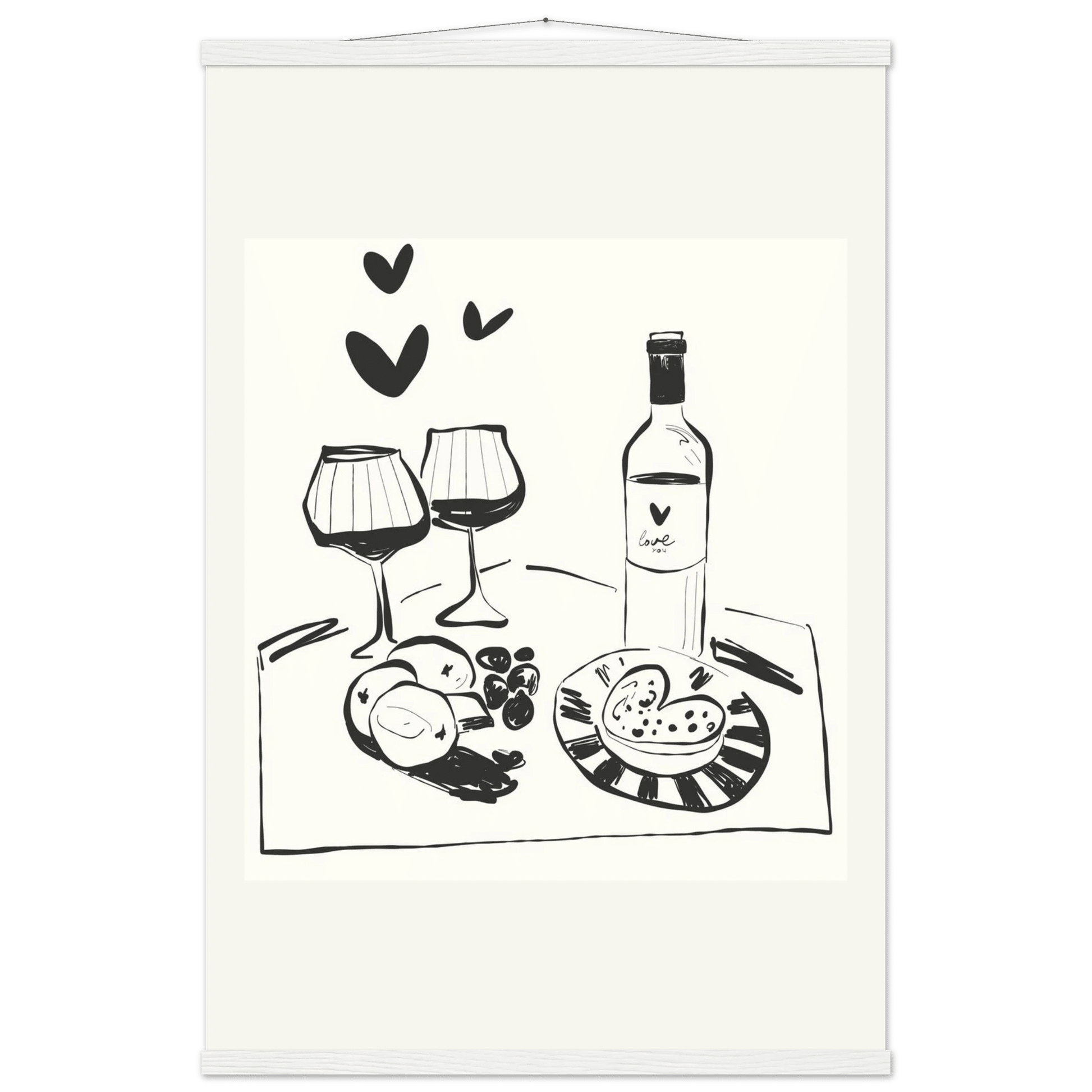 Wine for Two Print | Black Line Art Romantic Kitchen Wall Art | Couples Poster - Evergreen Posters