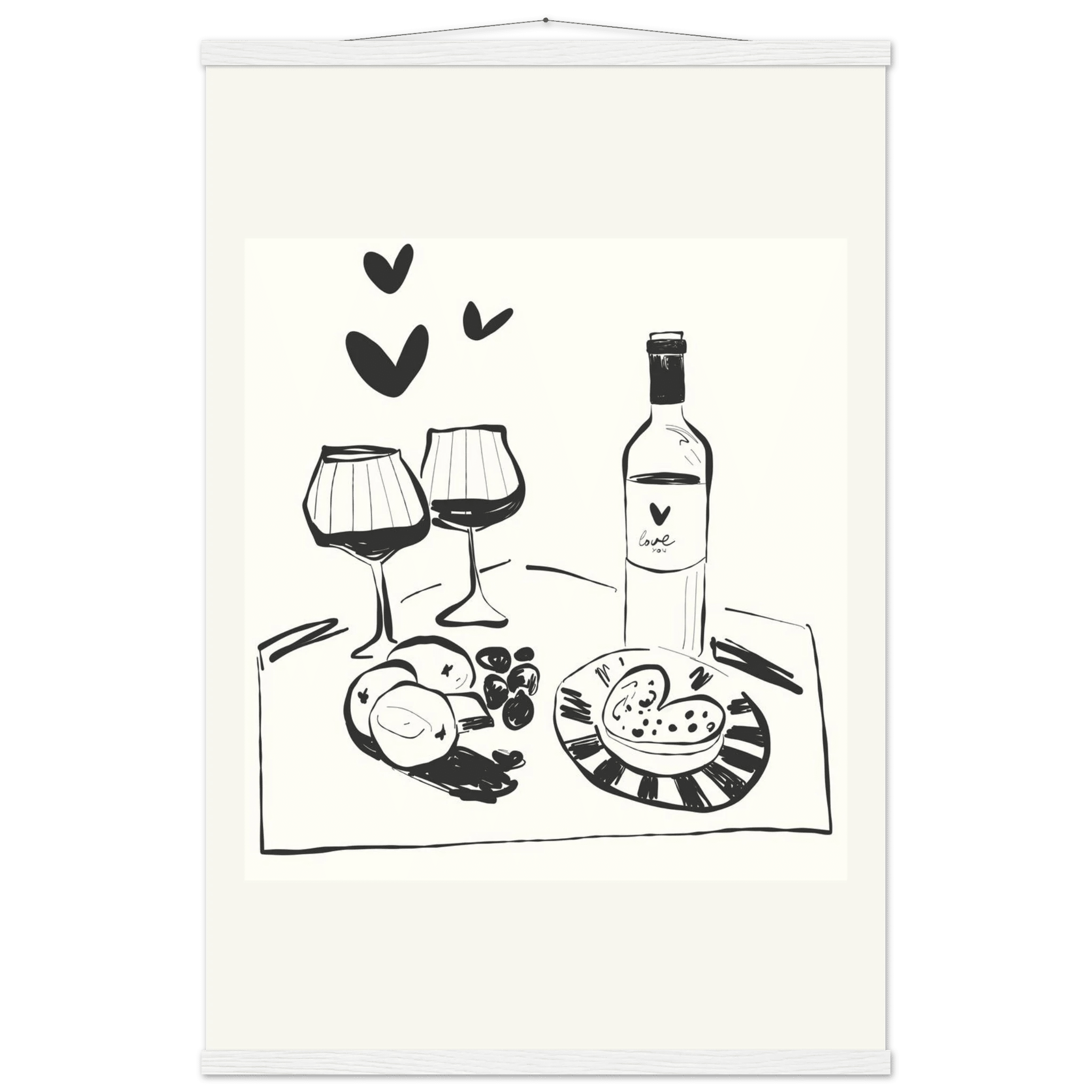 Wine for Two Print | Black Line Art Romantic Kitchen Wall Art | Couples Poster - Evergreen Posters