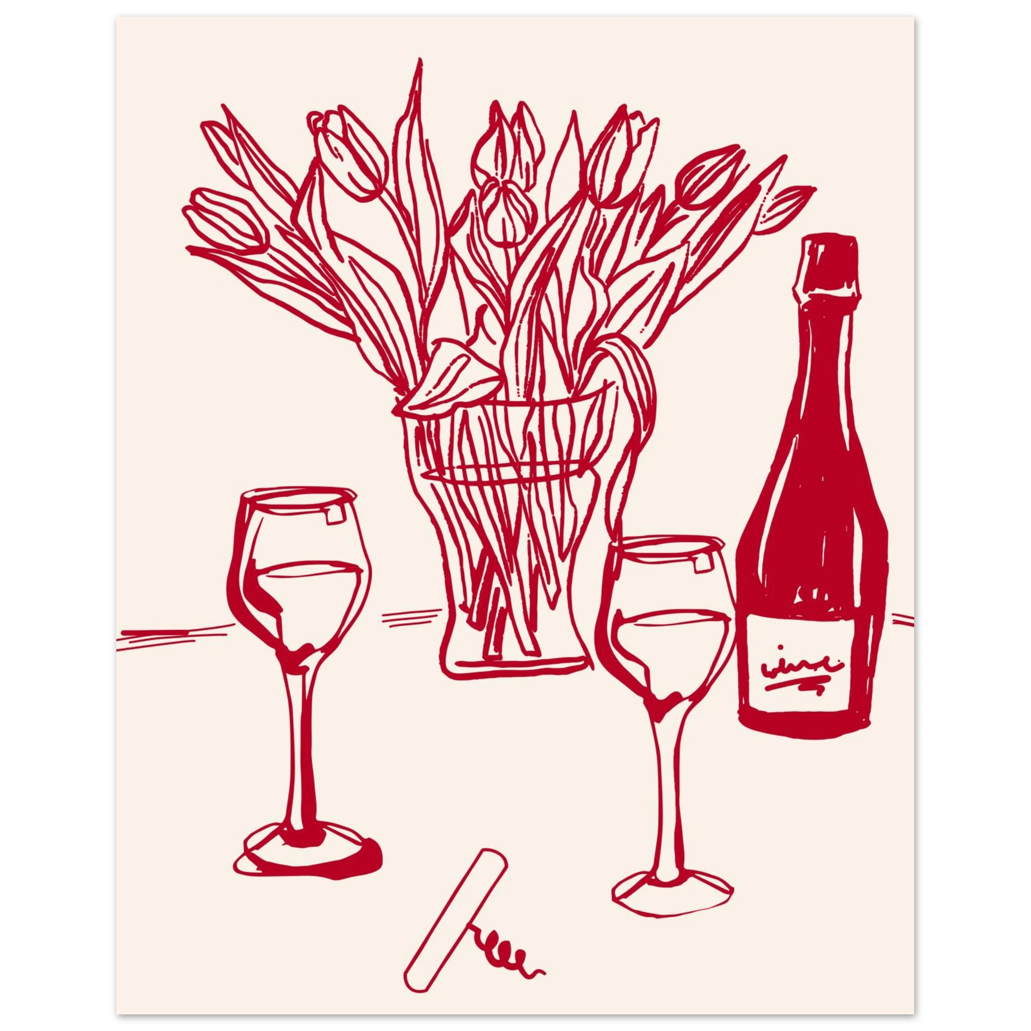 Red Wine & Tulips Print | Line Art Wine Bottle Wall Art | Kitchen Poster - Evergreen Posters