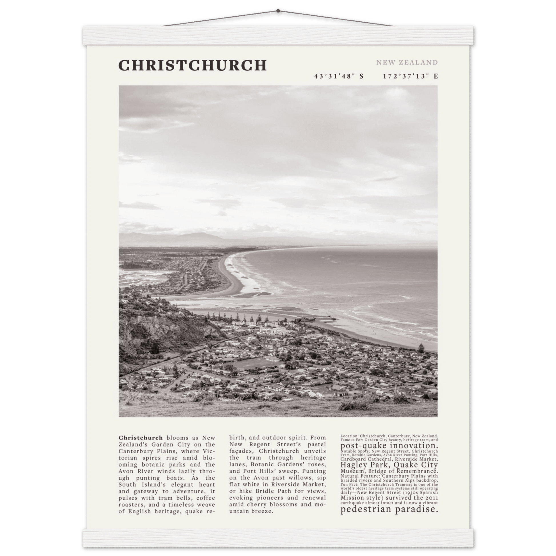 Christchurch New Zealand Poster Black and White – Vintage Garden City Panorama Print - Evergreen Posters