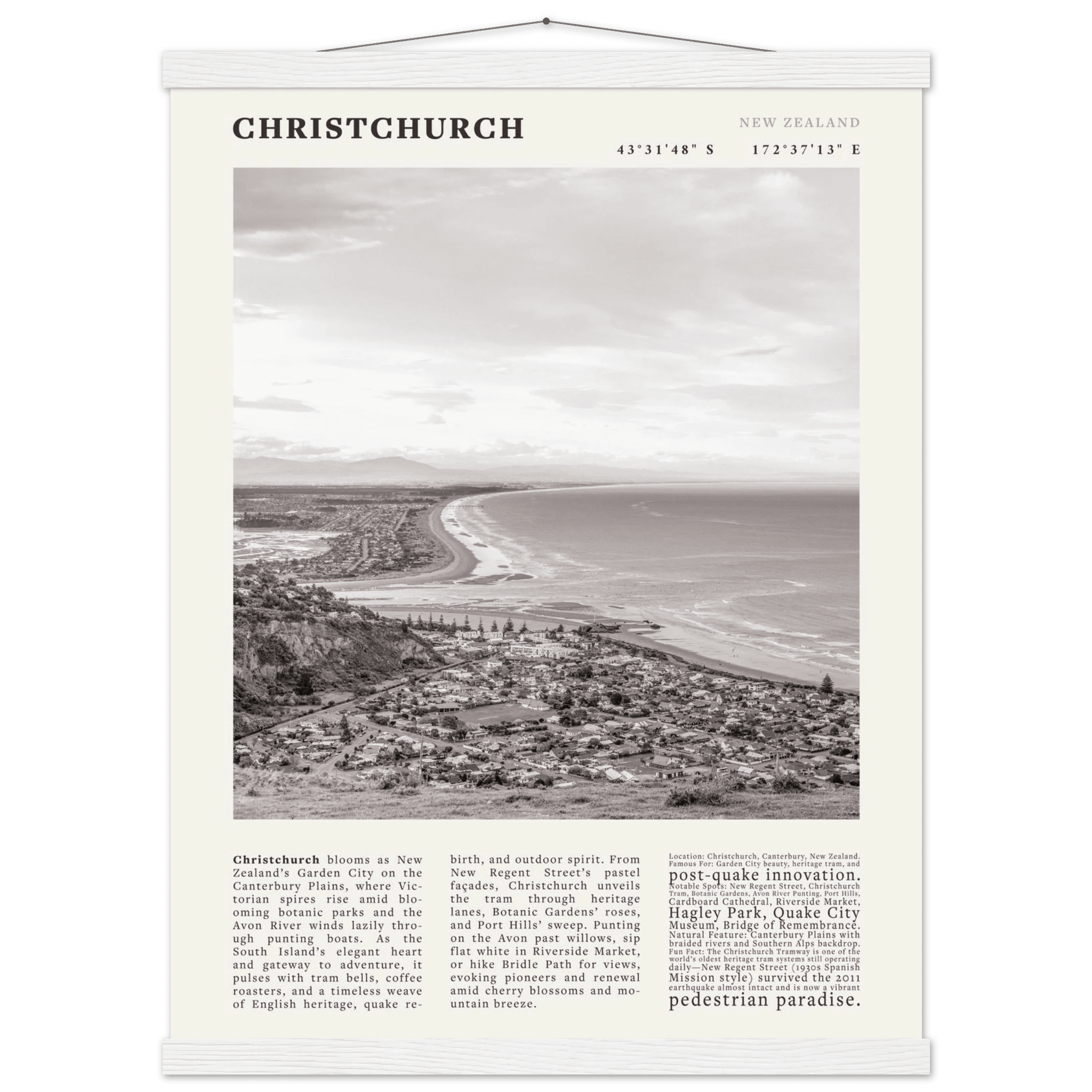 Christchurch New Zealand Poster Black and White – Vintage Garden City Panorama Print - Evergreen Posters