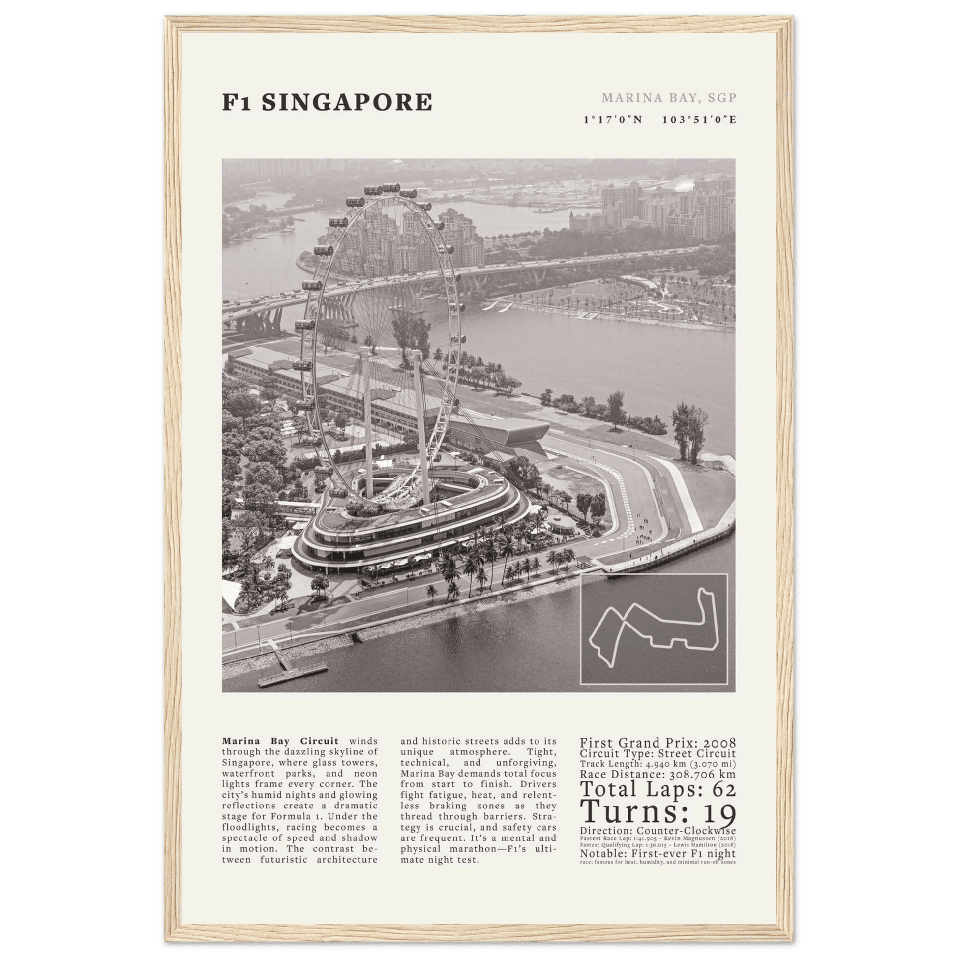 F1 Singapore Poster Black and White – Vintage Marina Bay Night Race Print (Digital & Printed Options) - Evergreen Posters