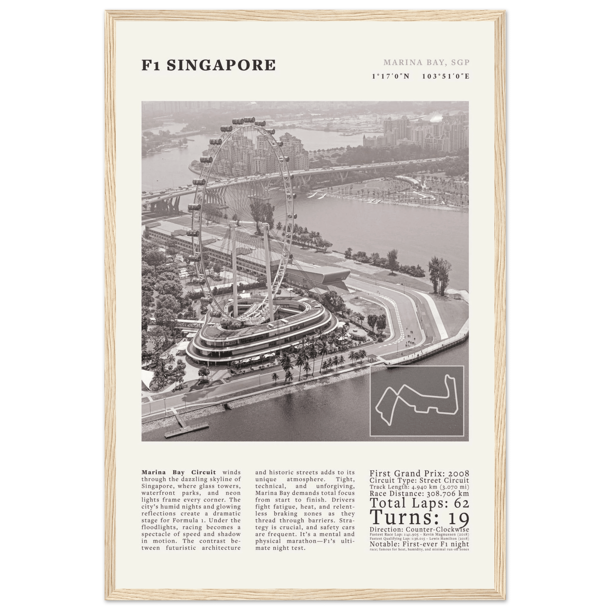 F1 Singapore Poster Black and White – Vintage Marina Bay Night Race Print (Digital & Printed Options) - Evergreen Posters