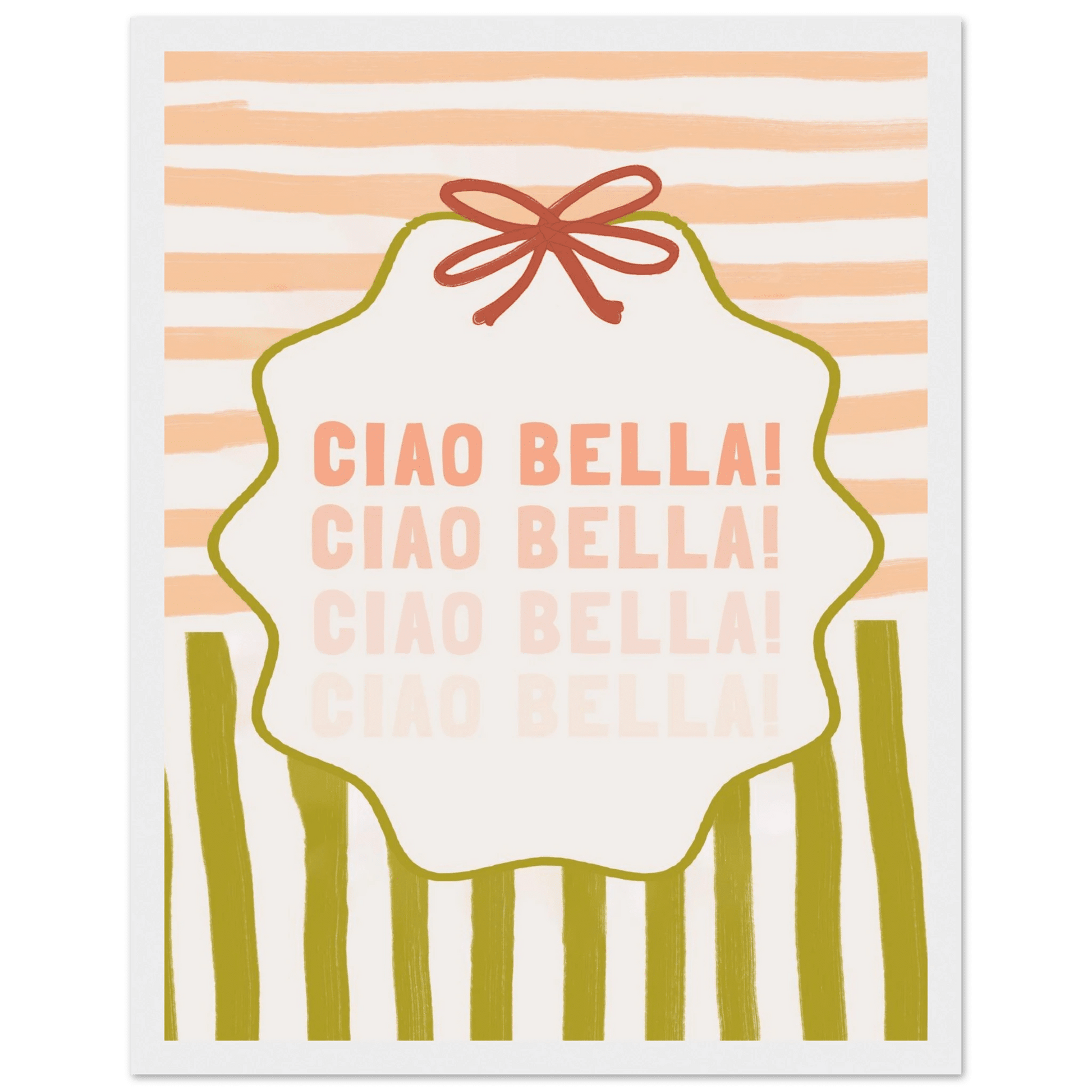 Ciao Bella Poster | Italian Typography Wall Art | Retro Stripe Bow Print | Cute Room Decor - Evergreen Posters
