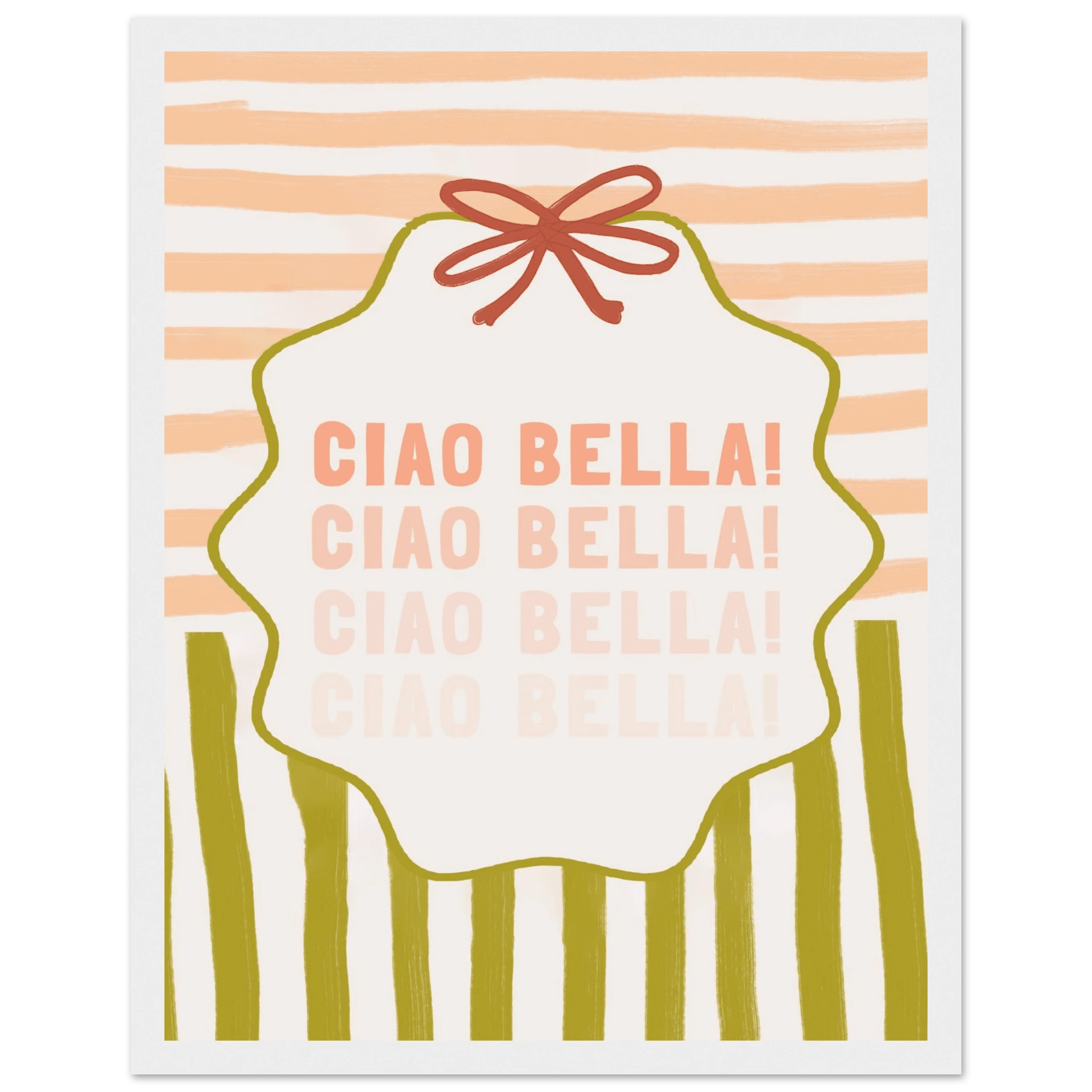Ciao Bella Poster | Italian Typography Wall Art | Retro Stripe Bow Print | Cute Room Decor - Evergreen Posters