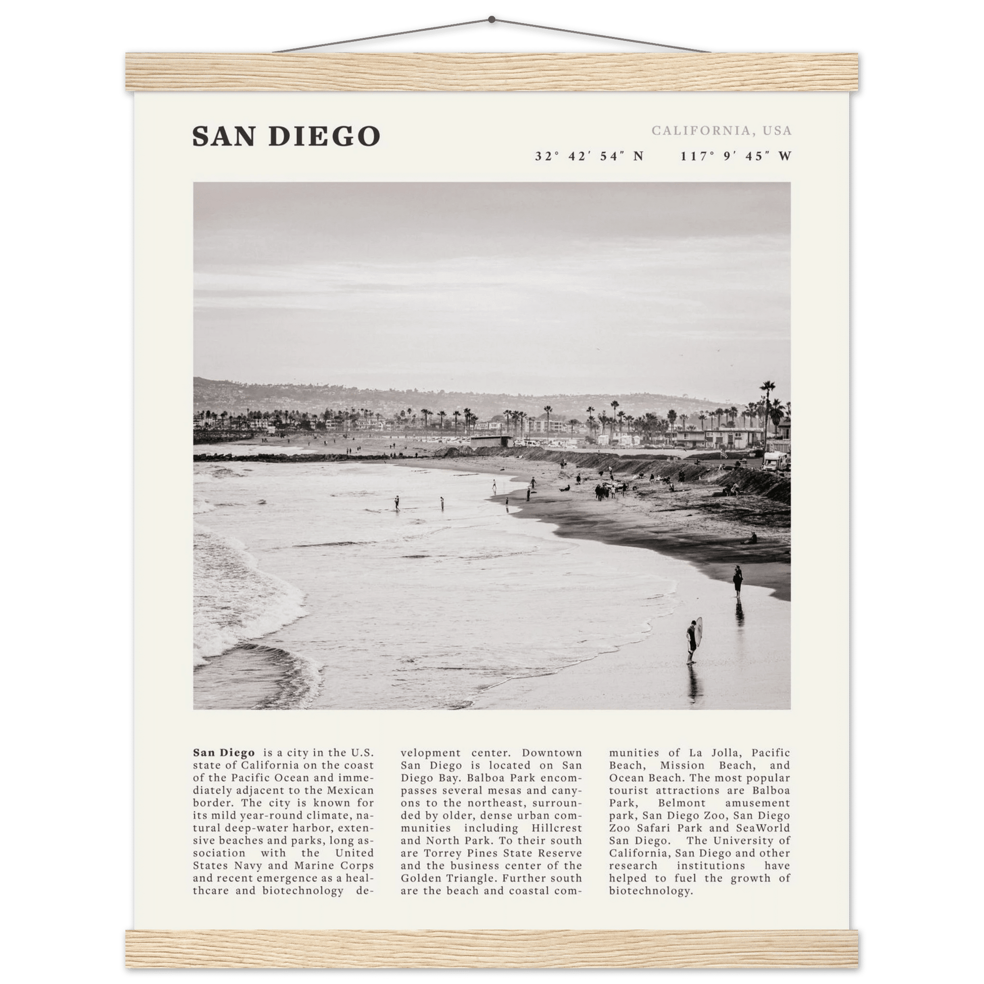 San Diego Poster | Black & White California Beach Wall Art | Coastal Travel Print Decor - Evergreen Posters