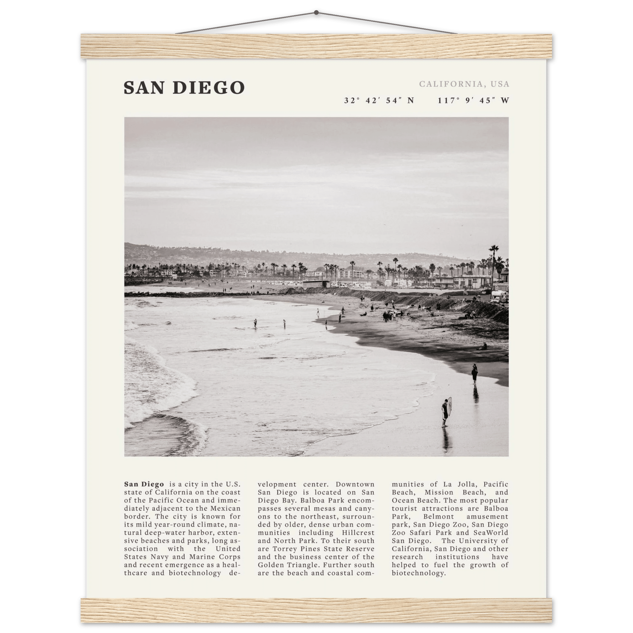 San Diego Poster | Black & White California Beach Wall Art | Coastal Travel Print Decor - Evergreen Posters