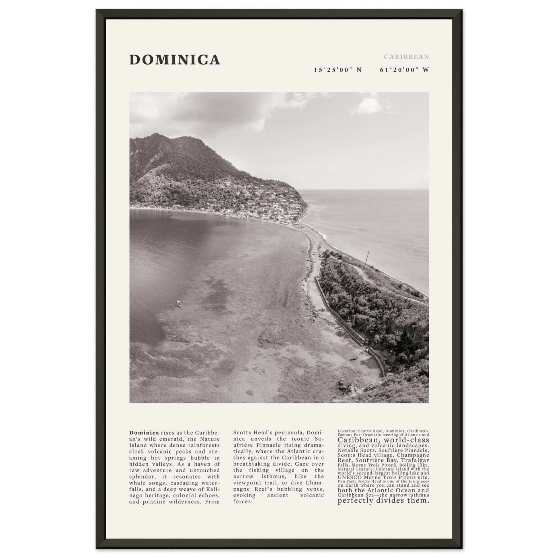 Dominica Poster Black and White – Vintage Caribbean Rainforest Island Print (Digital & Printed Options) - Evergreen Posters