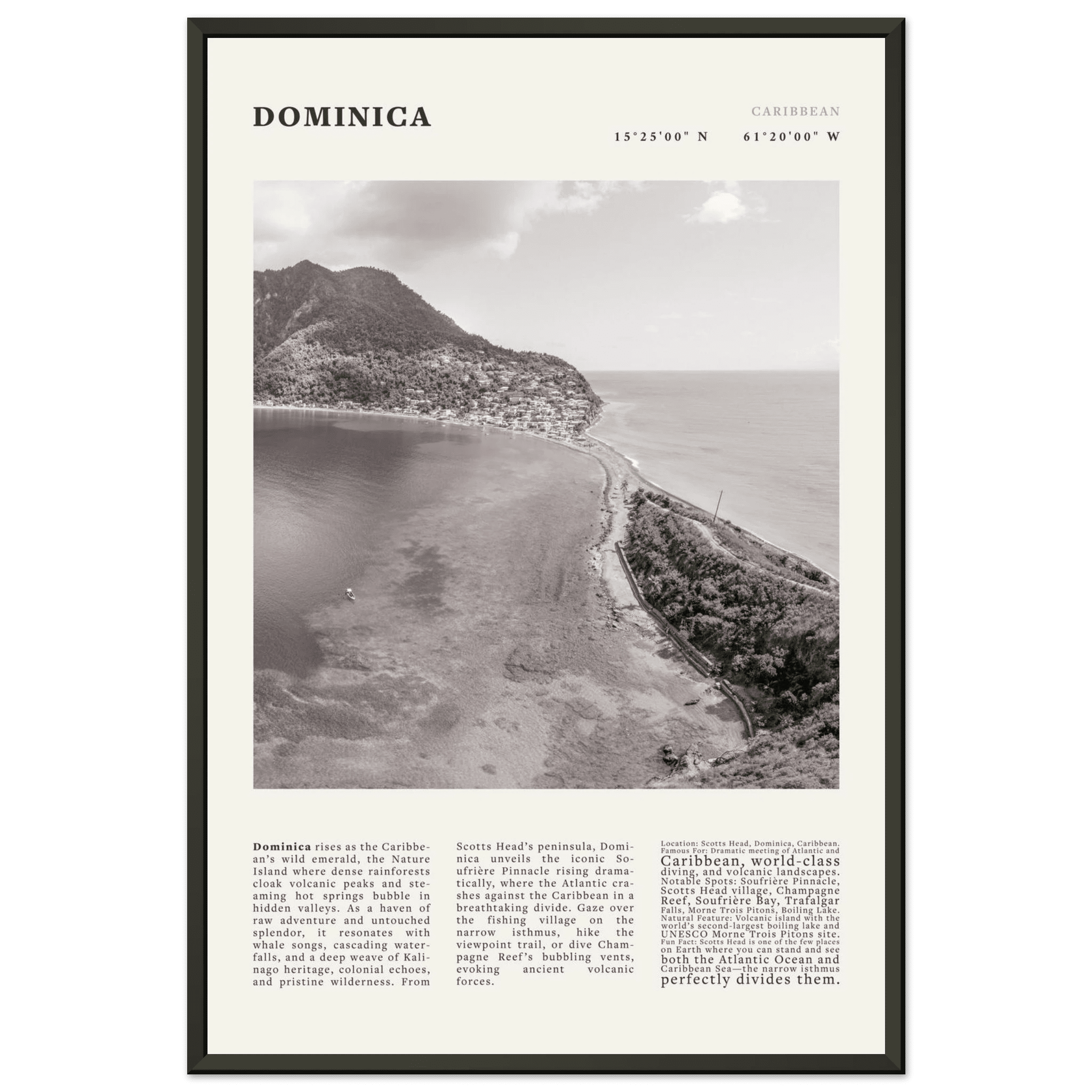 Dominica Poster Black and White – Vintage Caribbean Rainforest Island Print (Digital & Printed Options) - Evergreen Posters