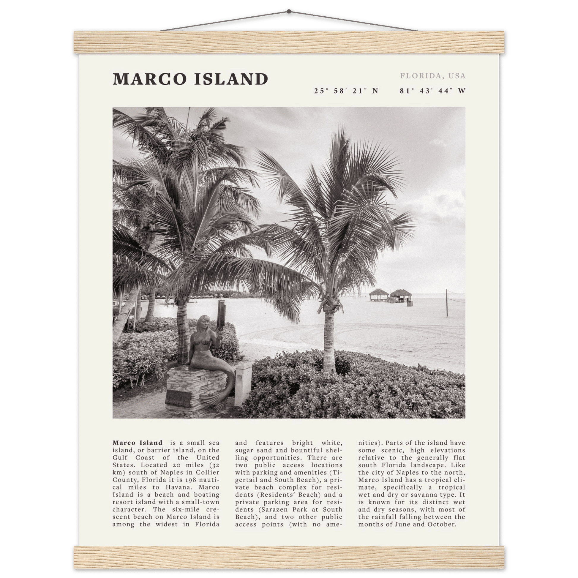 Marco Island Poster | Black & White Florida Beach Wall Art | Coastal Travel Print - Evergreen Posters