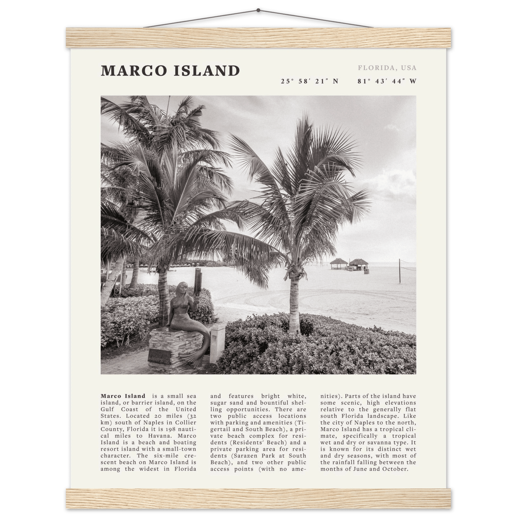 Marco Island Poster | Black & White Florida Beach Wall Art | Coastal Travel Print - Evergreen Posters