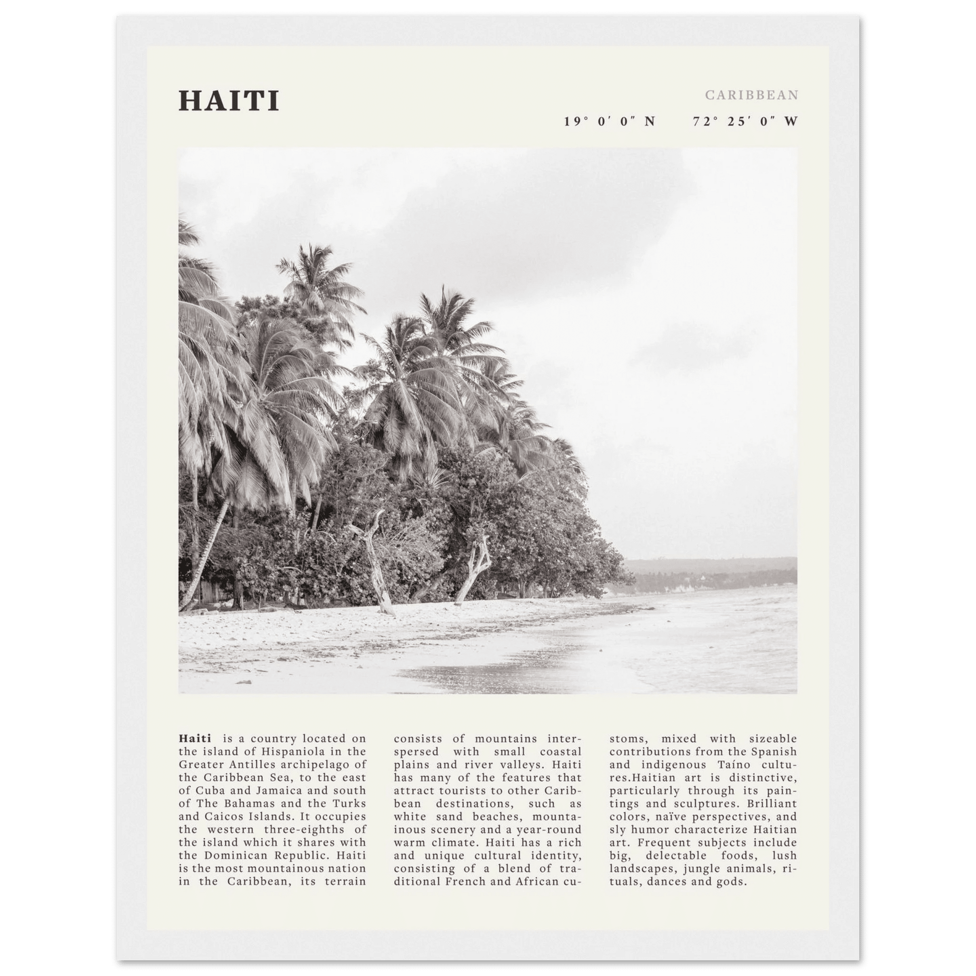Haiti Poster | Black & White Caribbean Beach Wall Art | Tropical Travel Print - Evergreen Posters