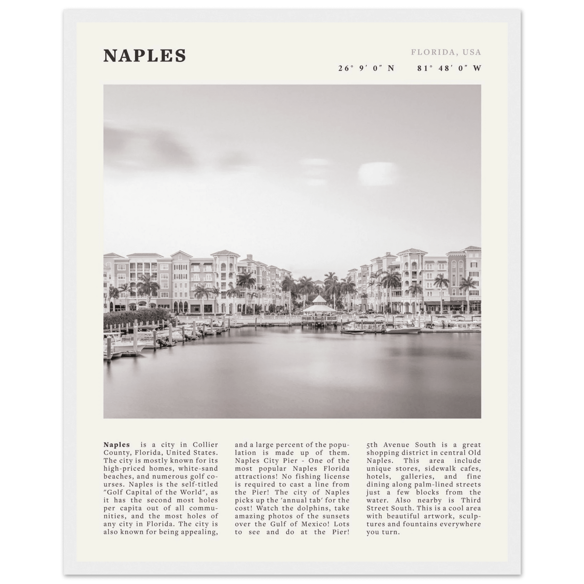 Naples Florida Poster | Black & White Gulf Coast Wall Art | FL Travel Print - Evergreen Posters