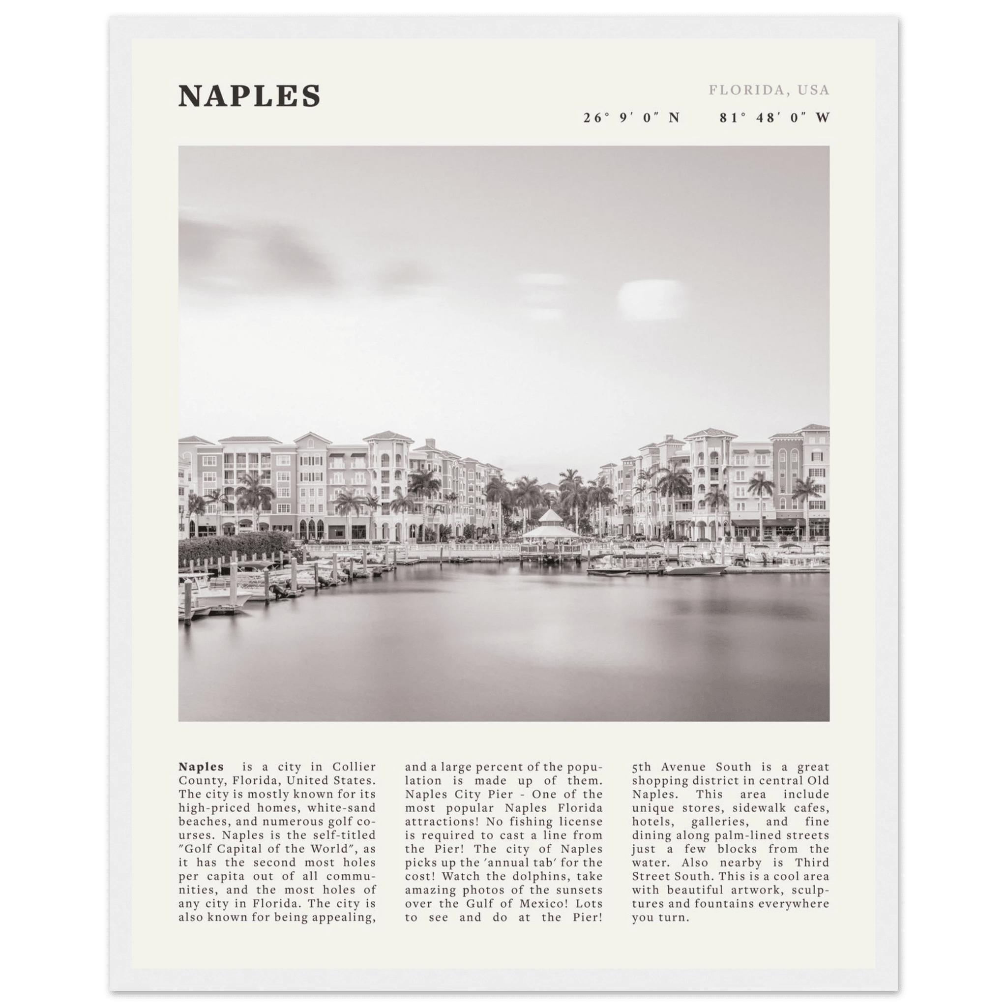 Naples Florida Poster | Black & White Gulf Coast Wall Art | FL Travel Print - Evergreen Posters
